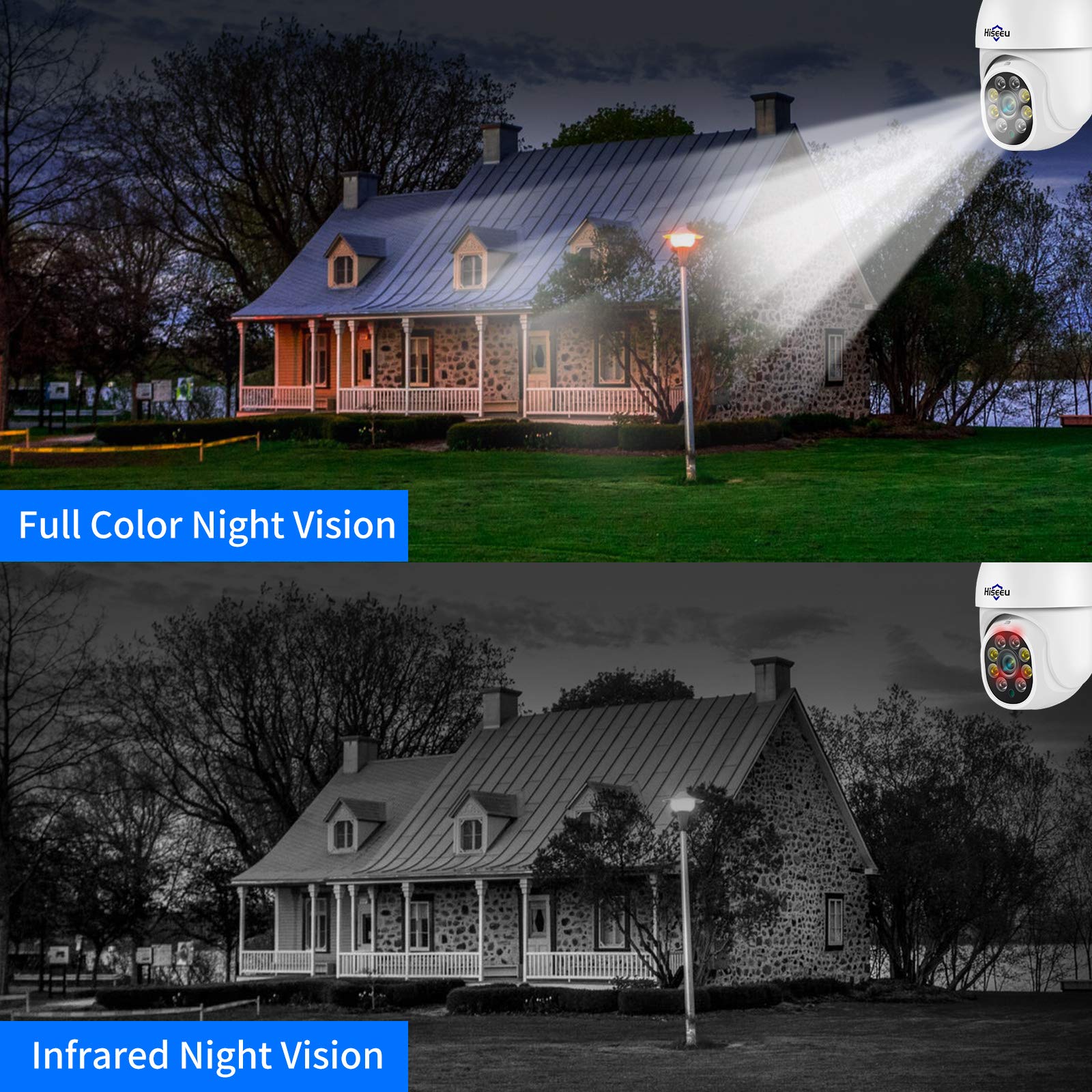 Hiseeu 2-Pack 5MP Outdoor Security Camera with Color Night Vision, PTZ Digital Zoom, 360° View, 2-Way Audio, Auto Cruise, WiFi, IP66 Waterproof - Ideal for Home Surveillance, Business Monitoring, and Property Protection