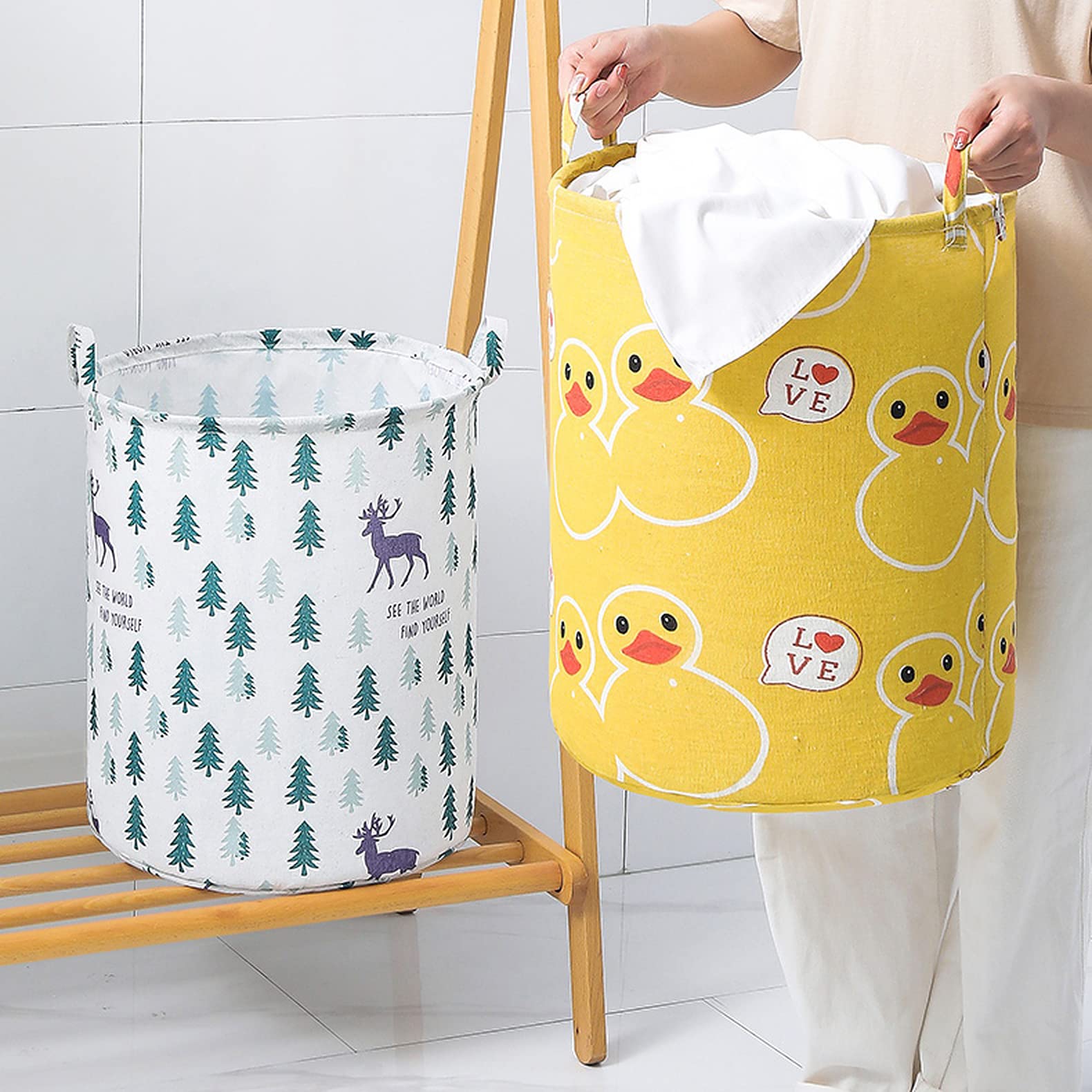 **Wolpin Waterproof Laundry Bag & Toy Storage Organizer - Foldable, Moistureproof, Large 63L Capacity with Handles - Duck Yellow Cotton - Perfect for Kids' Room, Travel & Camping**