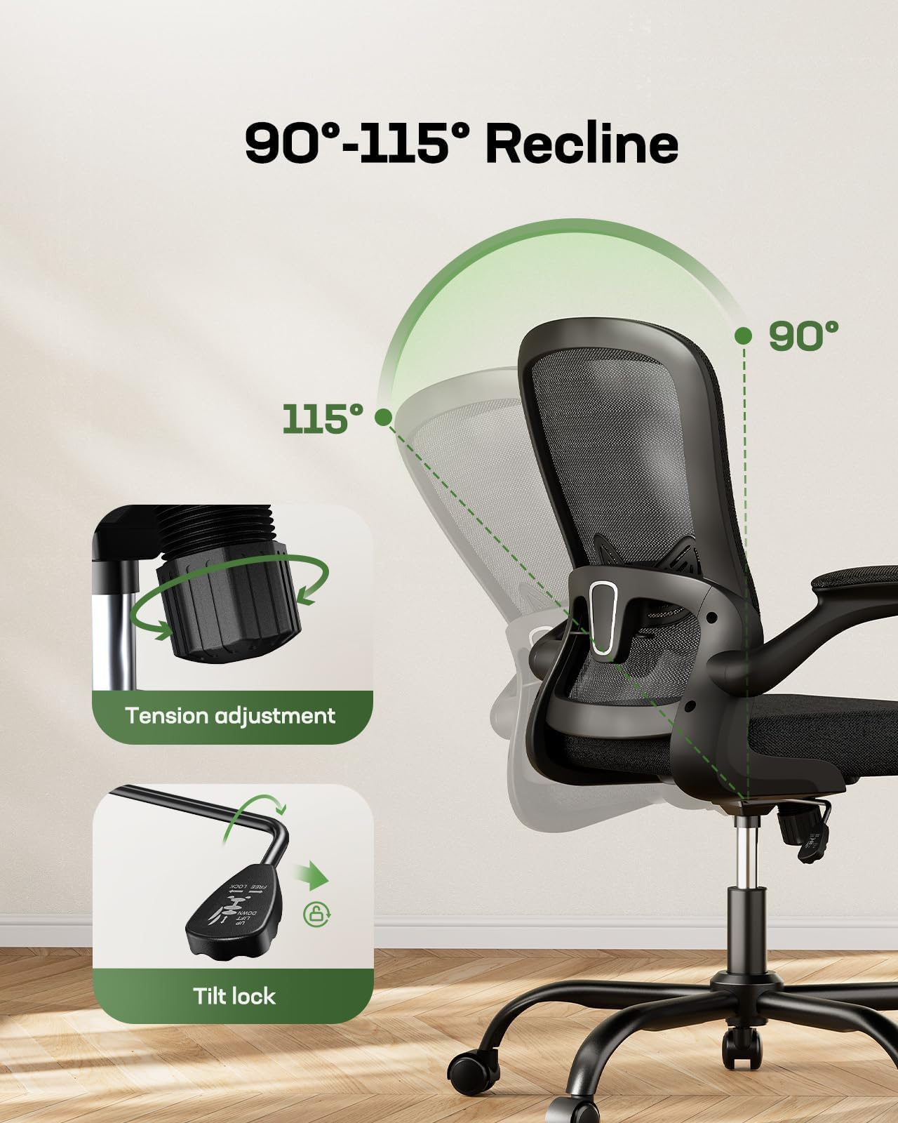 Ergonomic Mesh Office Chair with Adjustable Lumbar Support - Swivel Computer Desk Chair with Flip-Up Armrests for Home & Office Use - Black (Ideal for Long Work Hours, Gaming, and Remote Work)