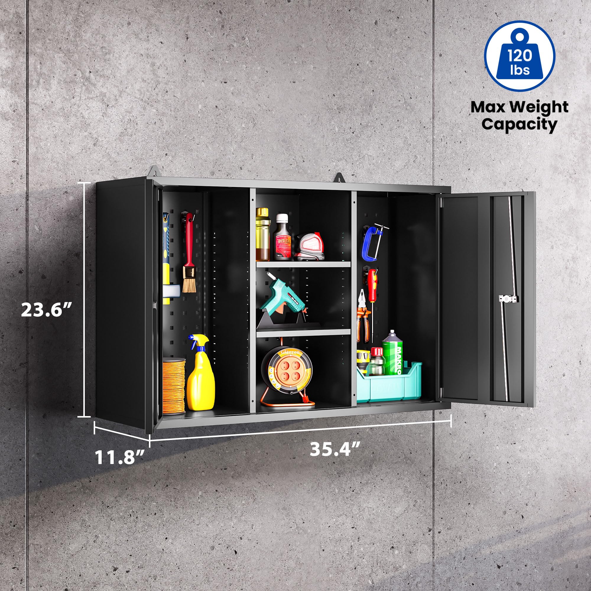 Black Metal Wall Storage Cabinet with Lock - Adjustable Shelves Garage & Kitchen Organizer for Home Workshop - Easy Assembly (23.6''H) | Perfect for Garage Tools, Kitchen Supplies & Workshop Organization