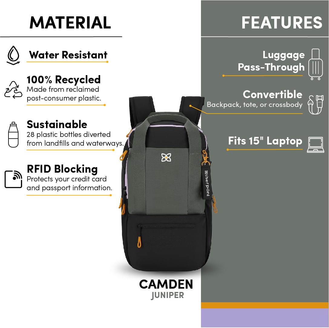 Sherpani Camden Convertible Backpack Tote for Women - Recycled Nylon Travel Laptop Backpack Purse with Crossbody Strap, Fits 15 Inch Laptop (Juniper Green) - Perfect for Work Commute, College Campus & Weekend Getaways