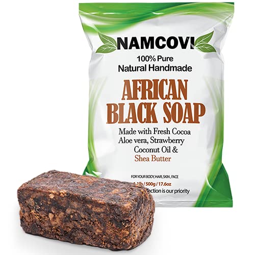 Raw African Black Soap Bar - 100% Pure Natural Authentic Black Soap (1.1 lbs) for Acne, Eczema & Skin Detox - Perfect for Sensitive Skin & Daily Cleansing Routine