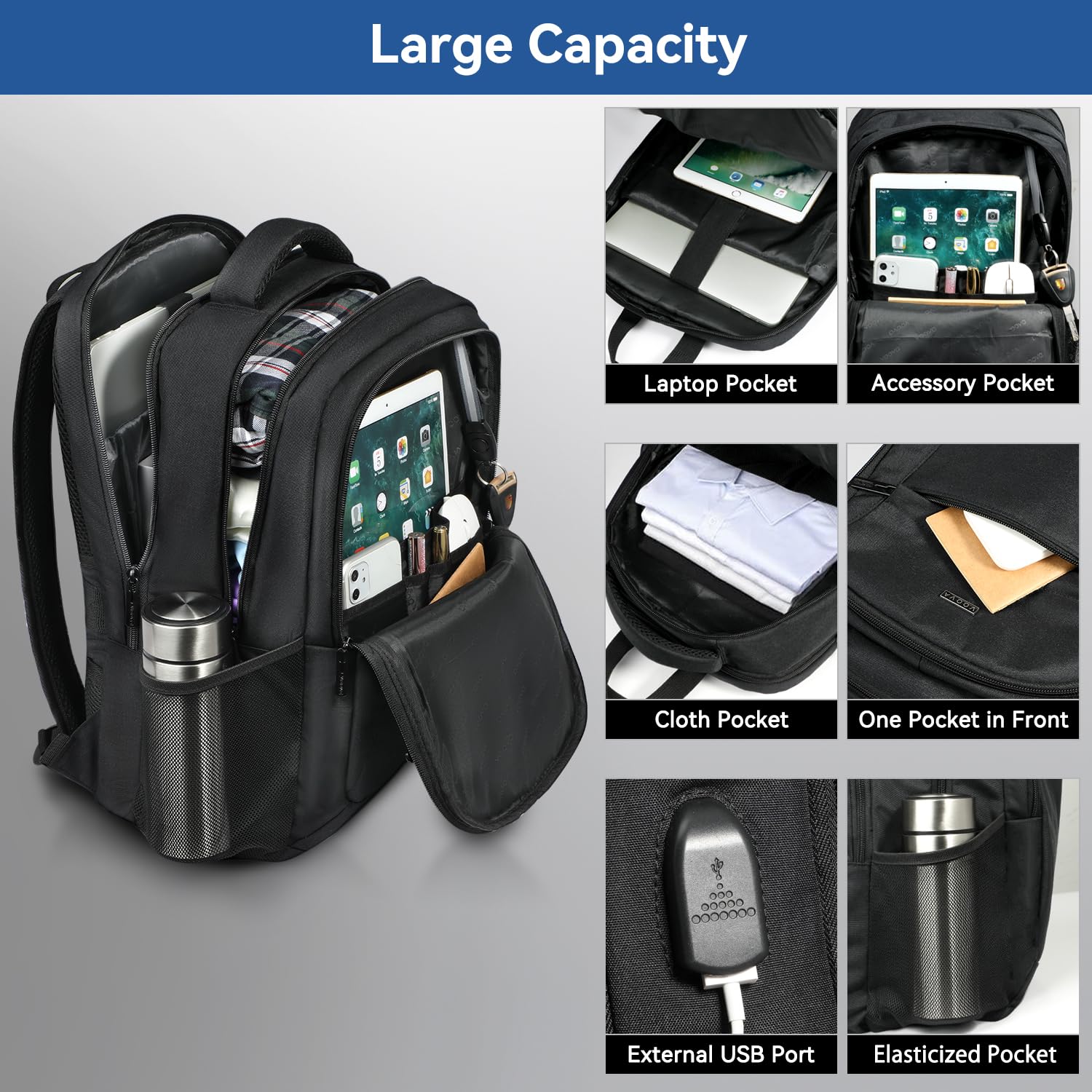 Voova Travel Laptop Backpack for Women & Men - USB Charging Port, Waterproof & Slim Design, Fits 15.6 Inch Laptops - Durable Business Work & College Computer Bag (Black) - Perfect for Commuting, Business Trips & School Use