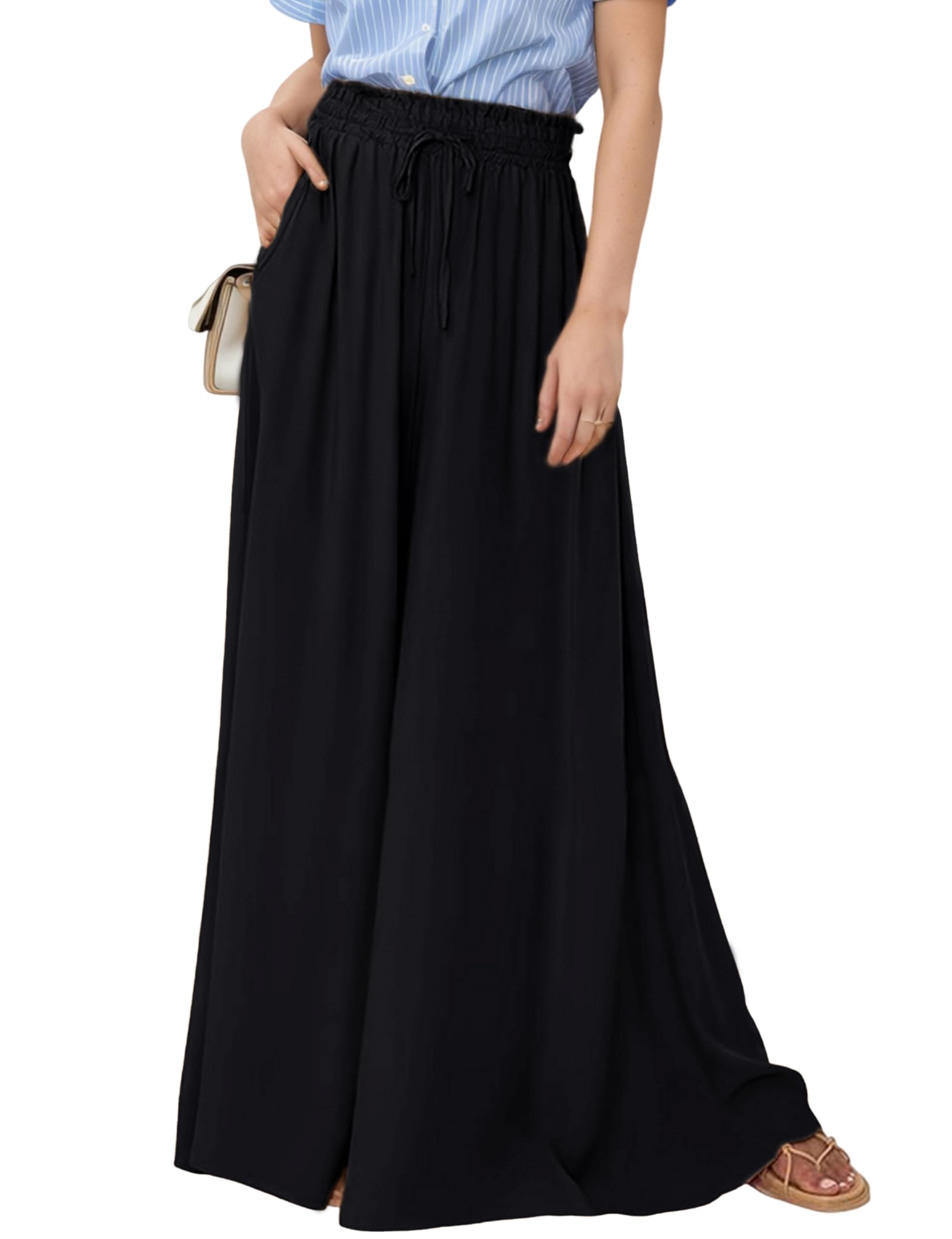 Hooever Women's Wide Leg Palazzo Pants - Flowy Drape Ruffle Drawstring Waist Casual Trousers for Work, Travel & Summer Outfits