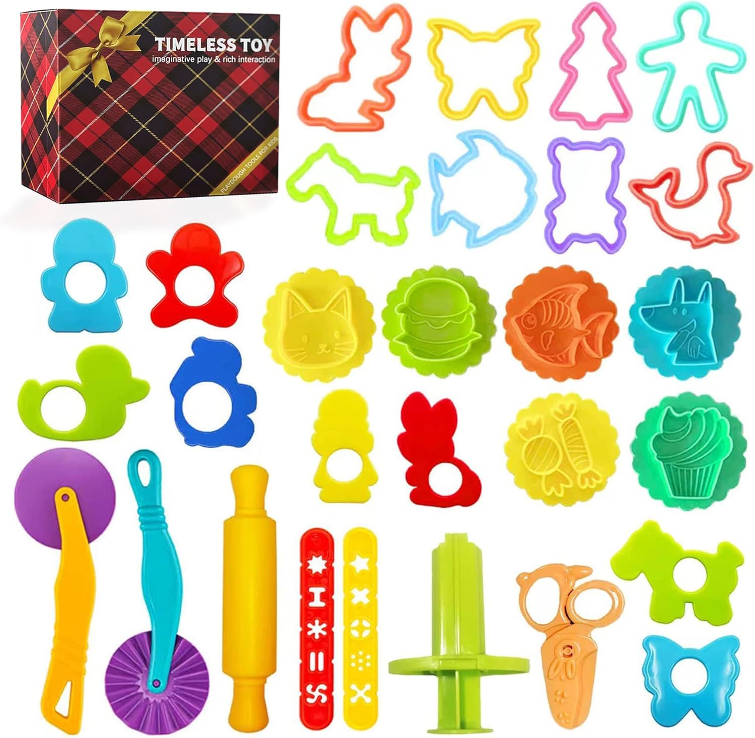 Kids Dough Tools Set - 24-Piece Playdough Accessories with Molds, Cutters, Roller, Rolling Pins & Safety Scissors | Creative Learning Toy for Toddlers Ages 2-8 | Perfect for Birthday Parties, Classroom Activities & Sensory Play