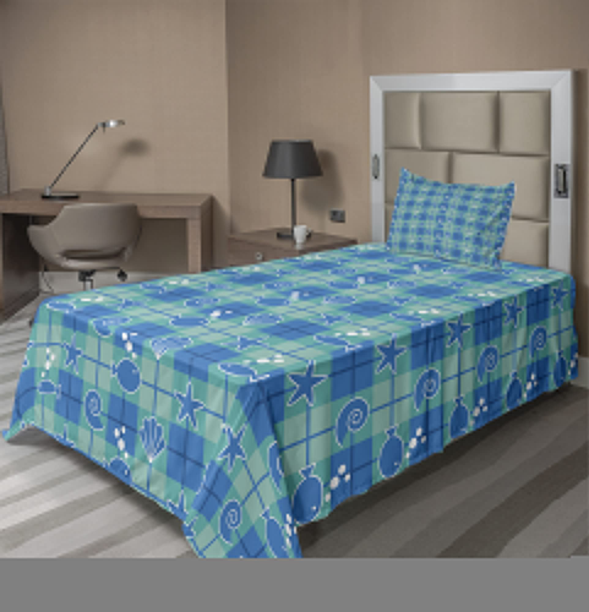 Ambesonne 3-Piece Sea Shells Bed Sheet Set - Twin Size Plaid Pattern with Cartoon Marine Silhouettes, Fish, Starfish & Bubbles - Fitted Sheet, Flat Sheet & Pillowcase in Mint Green, Blue & White | Perfect for Beach Themed Bedrooms, Coastal Decor & Vacation Homes
