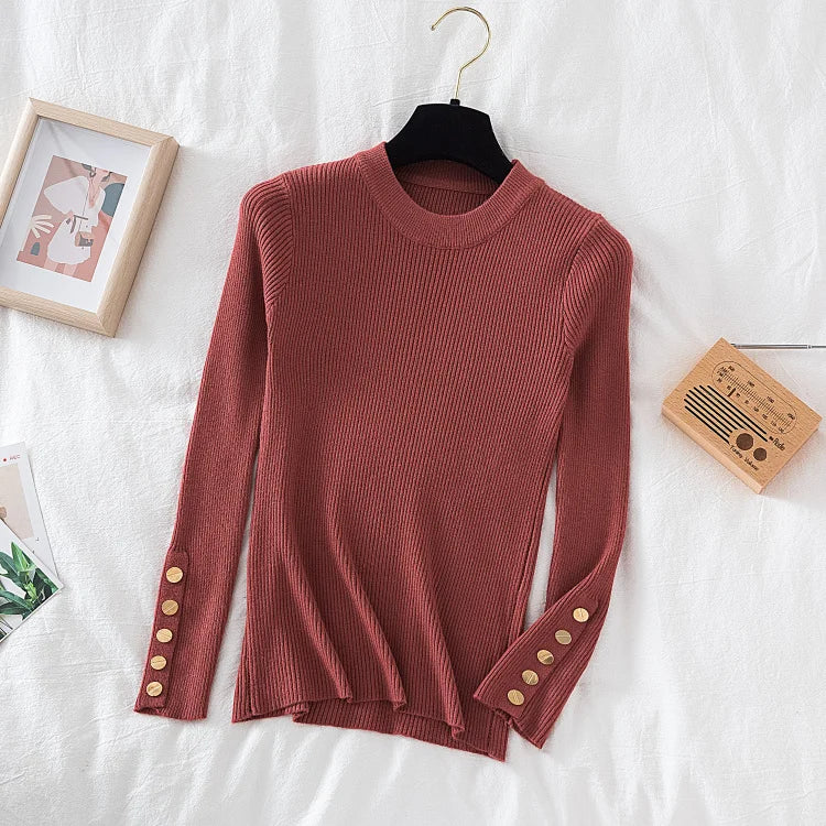 Thick Buttoned Long Sleeve O-Neck Sweater for Women - Cozy Winter Pullover for Casual Outfits & Office Wear