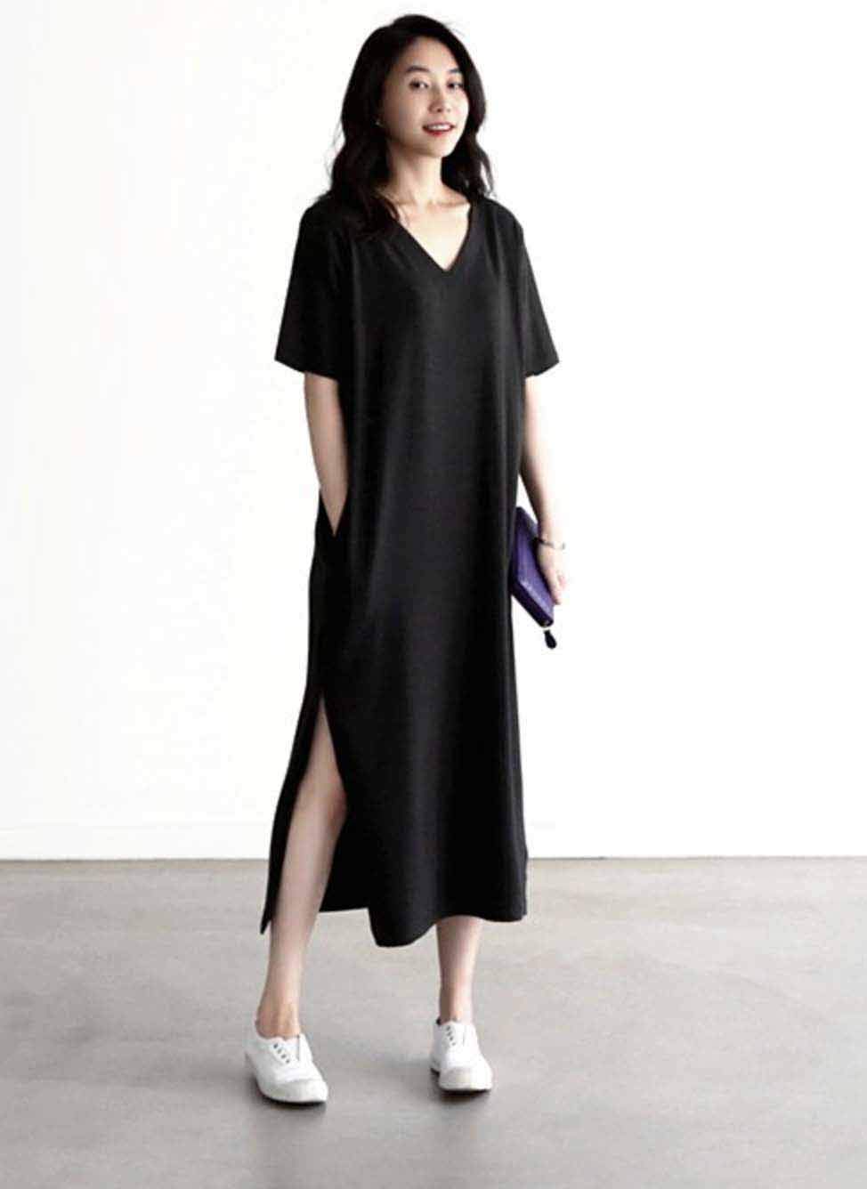Elegant Black Maxi Dress for Women with Side Slit - Comfortable Long Formal Evening Gown for Parties, Weddings & Special Occasions
