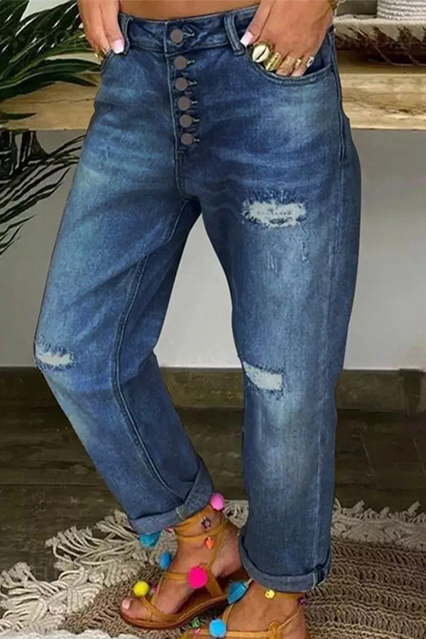 Trendy Ripped Low-Rise Button Pocket Baggy Straight Leg Jeans for Women - Casual Streetwear, Vintage Denim Pants for Everyday Wear & Outfit Styling