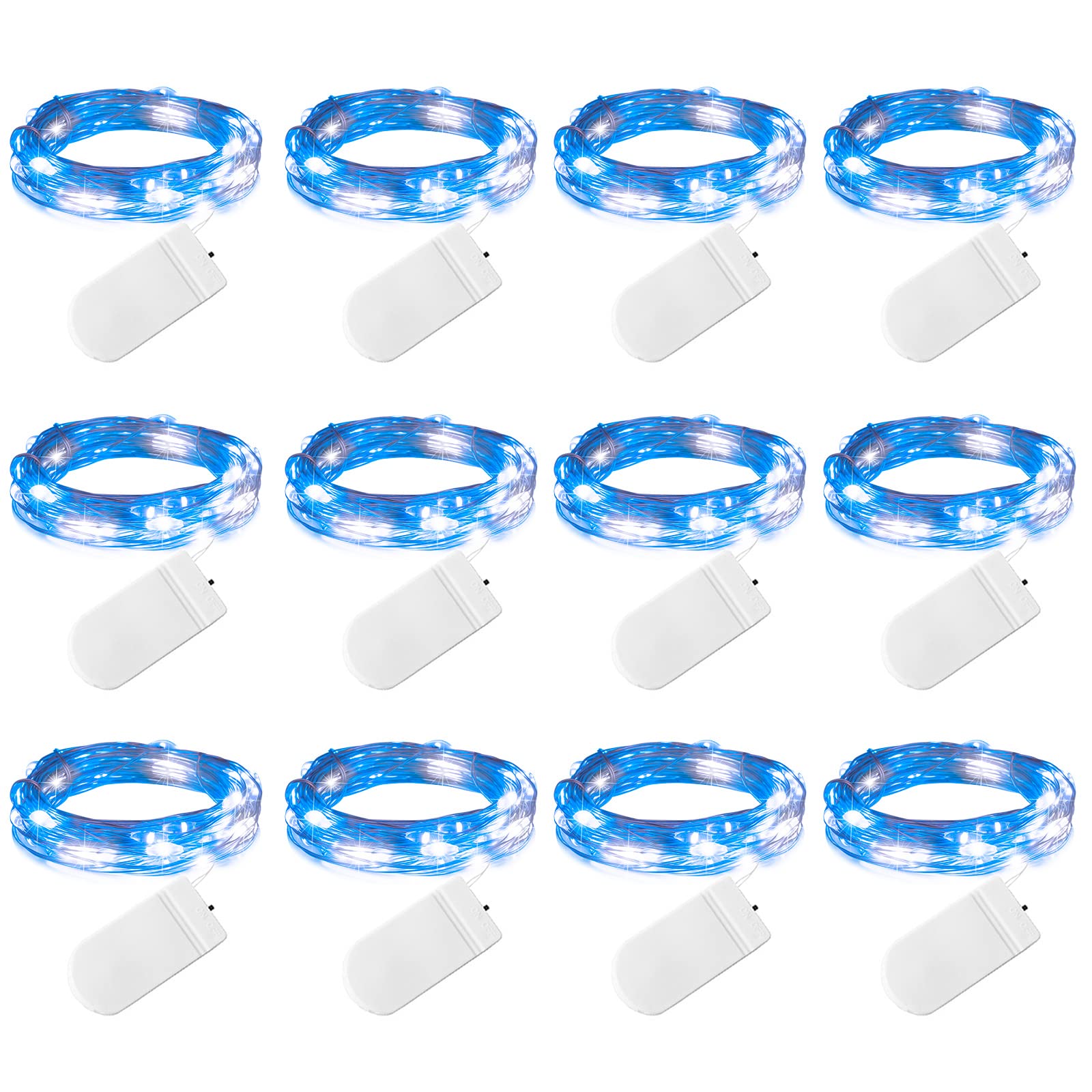 12 Pack Fairy Lights 7Ft 20 LED Waterproof Mini Firefly String Lights with Flexible Silver Wire - Wedding Centerpieces, Mason Jar Crafts, Party Decorations (Blue & White) | Indoor & Outdoor Decor for Weddings, DIY Projects, Christmas Tree, Garden, Bedroom