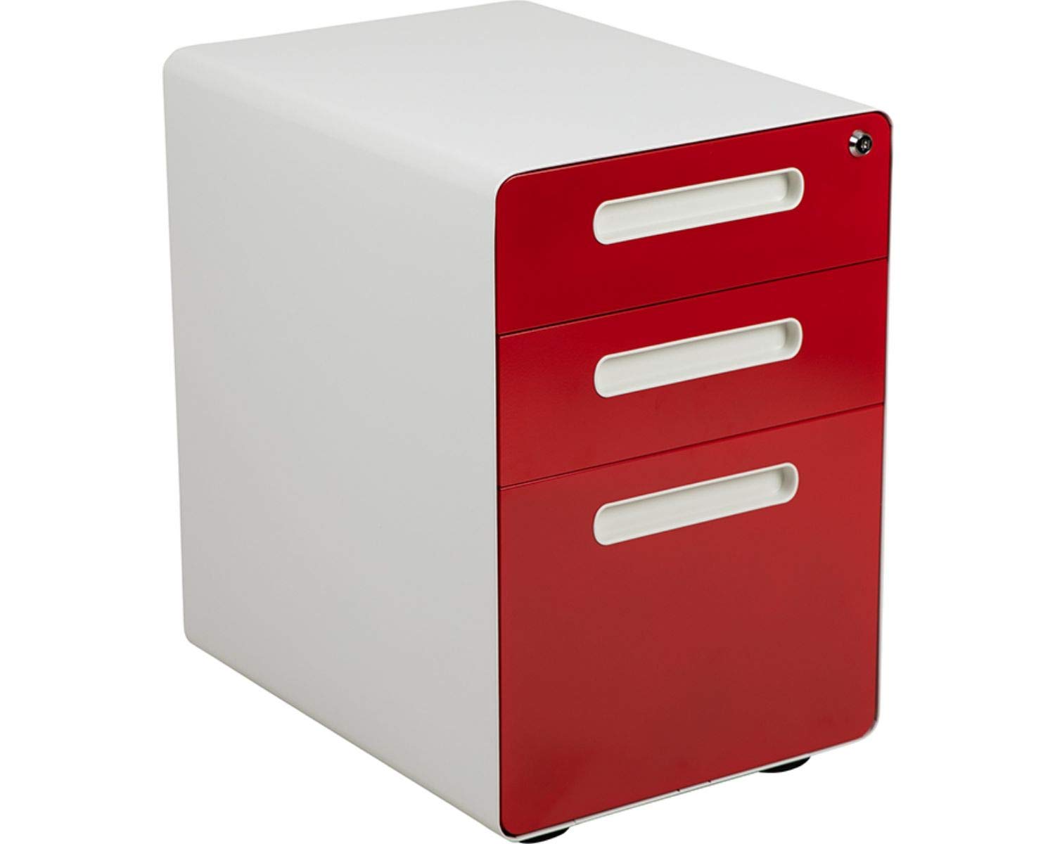 Flash Furniture Wren Ergonomic 3-Drawer Mobile Locking File Cabinet with Anti-Tilt Mechanism - Letter/Legal Size Drawers - White with Red Faceplate - Perfect for Home Office, Small Business & Professional Workspaces