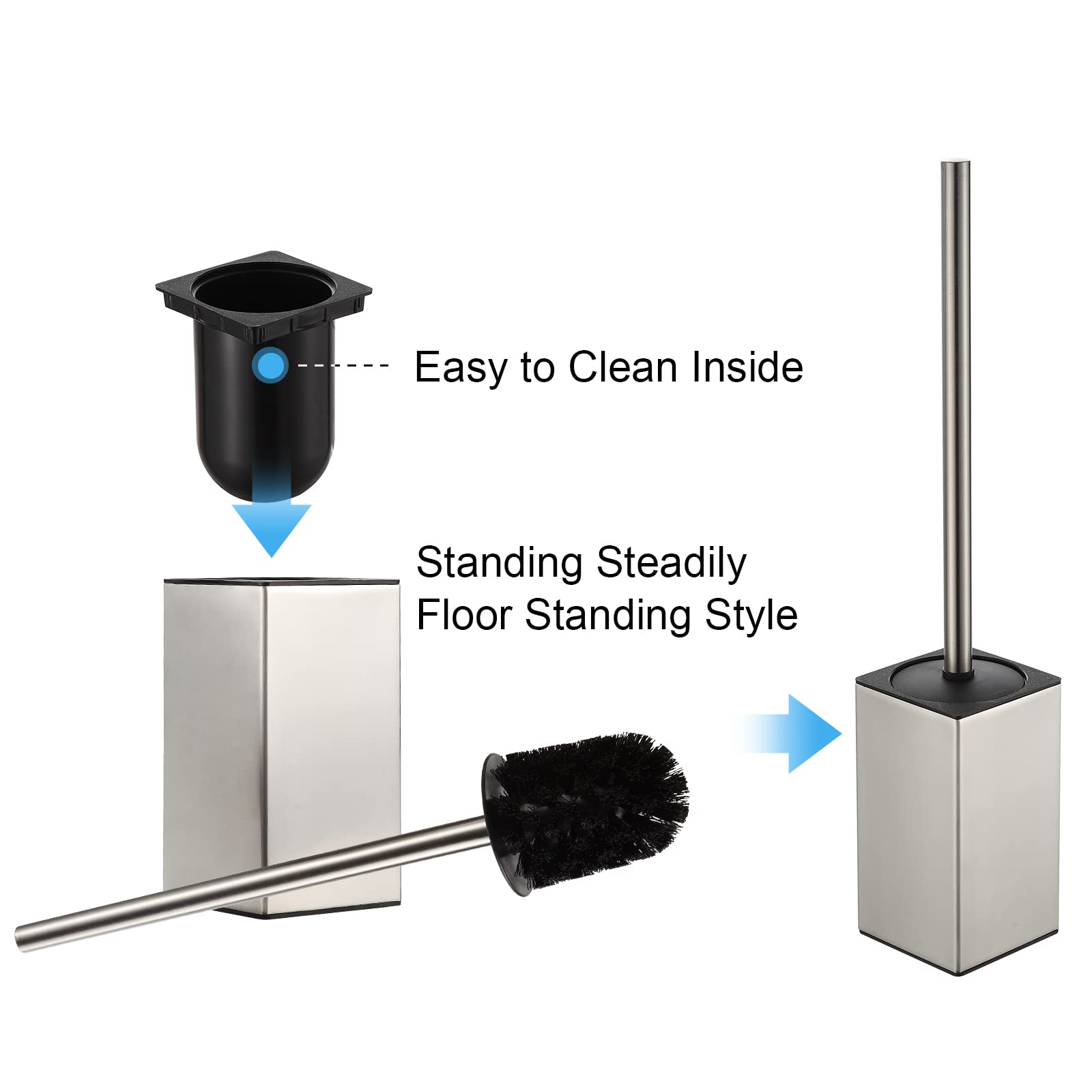 Stainless Steel 304 Toilet Brush Holder - Brushed Nickel Square Toilet Bowl Brush for Bathroom Storage & Organization | Modern Bathroom Cleaning Tool for Home & Office Use