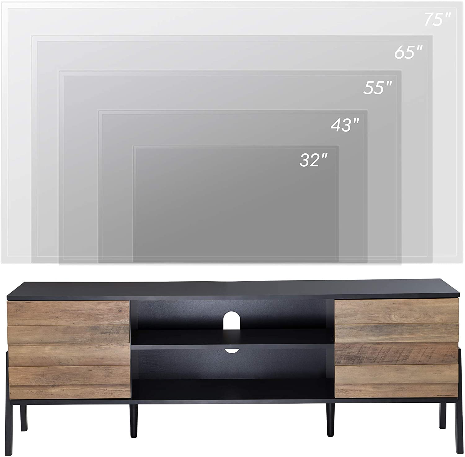 WAMPAT 60 Inch Retro TV Stand with Storage Cabinet for 65+ Inch TVs - Mid Century Modern TV Console Table with Metal Legs & Wood Entertainment Center - Black/Brown - Perfect for Living Room & Bedroom | Home Theater Setup & Media Storage Solution