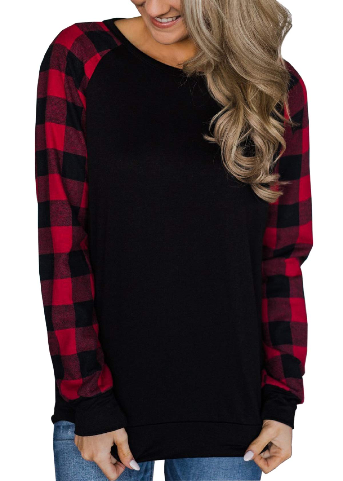 Women's Sunflower Plaid Raglan Sleeve T-Shirt - Buffalo Check Round Neck Pullover Long Sleeve Top for Casual Wear & Fall Outfits