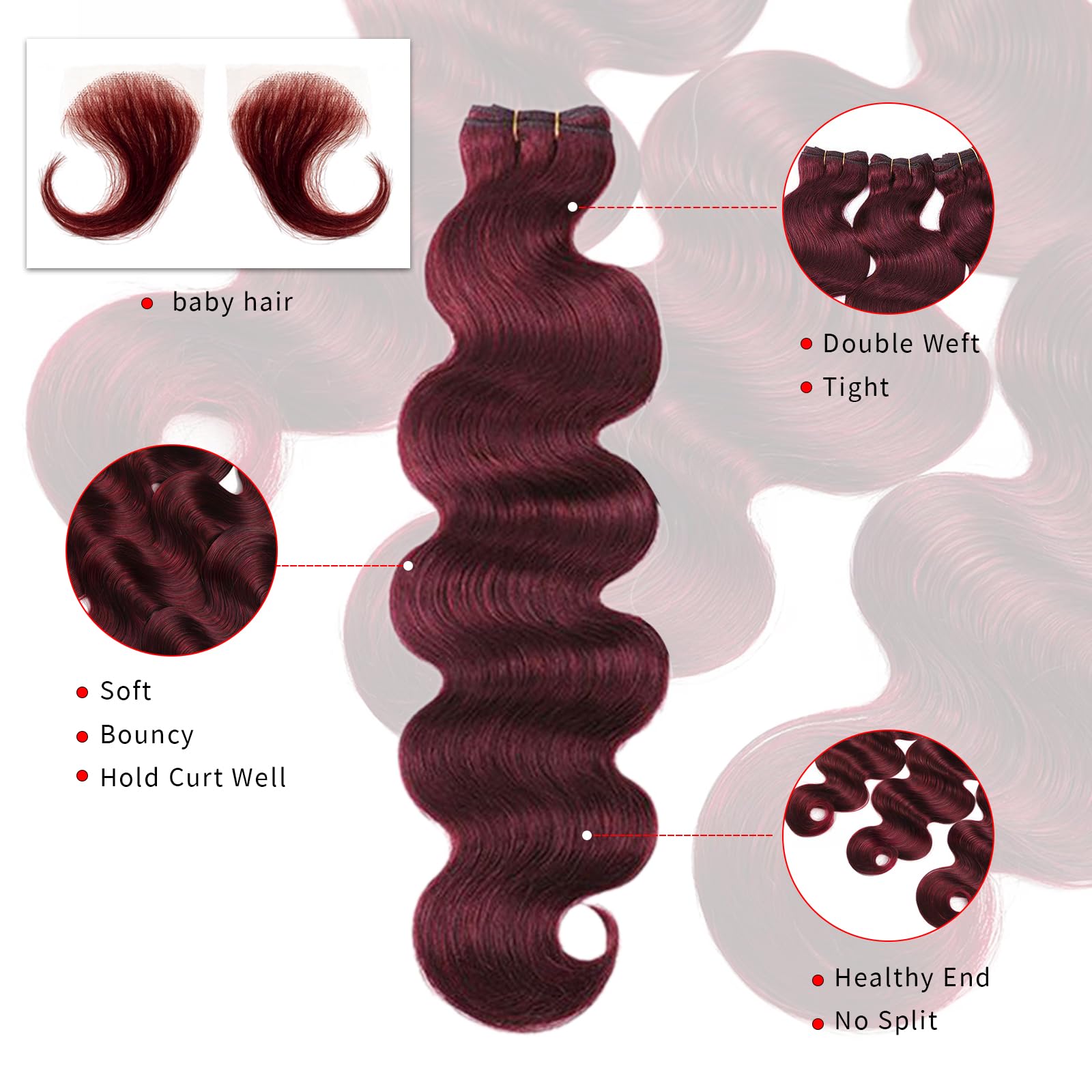 16A 99J Burgundy Body Wave Human Hair Extensions - 22 24 26 Inch Unprocessed Brazilian Virgin Hair Bundles with Baby Hair for Loose Weave | Perfect for Daily Styling, Parties & Special Occasions