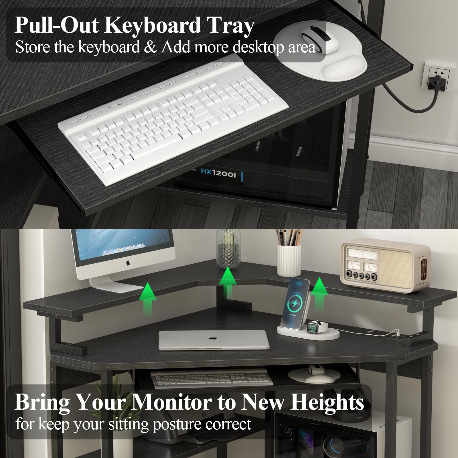 Corner Desk with Charging Station & LED Light - Triangle Computer Desk with Monitor Stand, Keyboard Tray & Storage Shelves for Small Spaces - Perfect for Home Office, Gaming Setup & Workstation (Black)