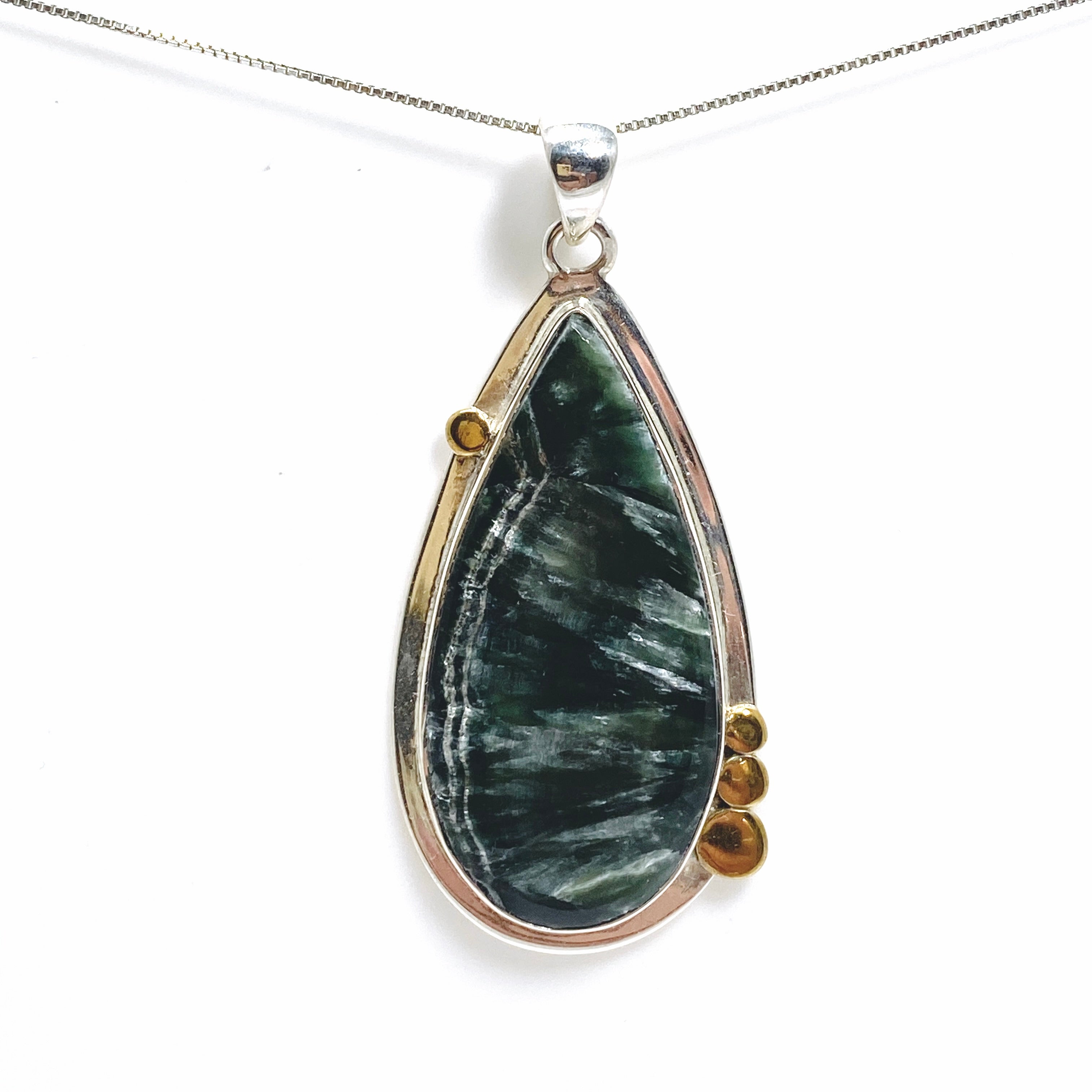 Seraphinite Teardrop Cabochon Pendant Necklace - 925 Sterling Silver Decorative Setting KPGJ4843 | Healing Crystal Jewelry for Meditation & Spiritual Gifts