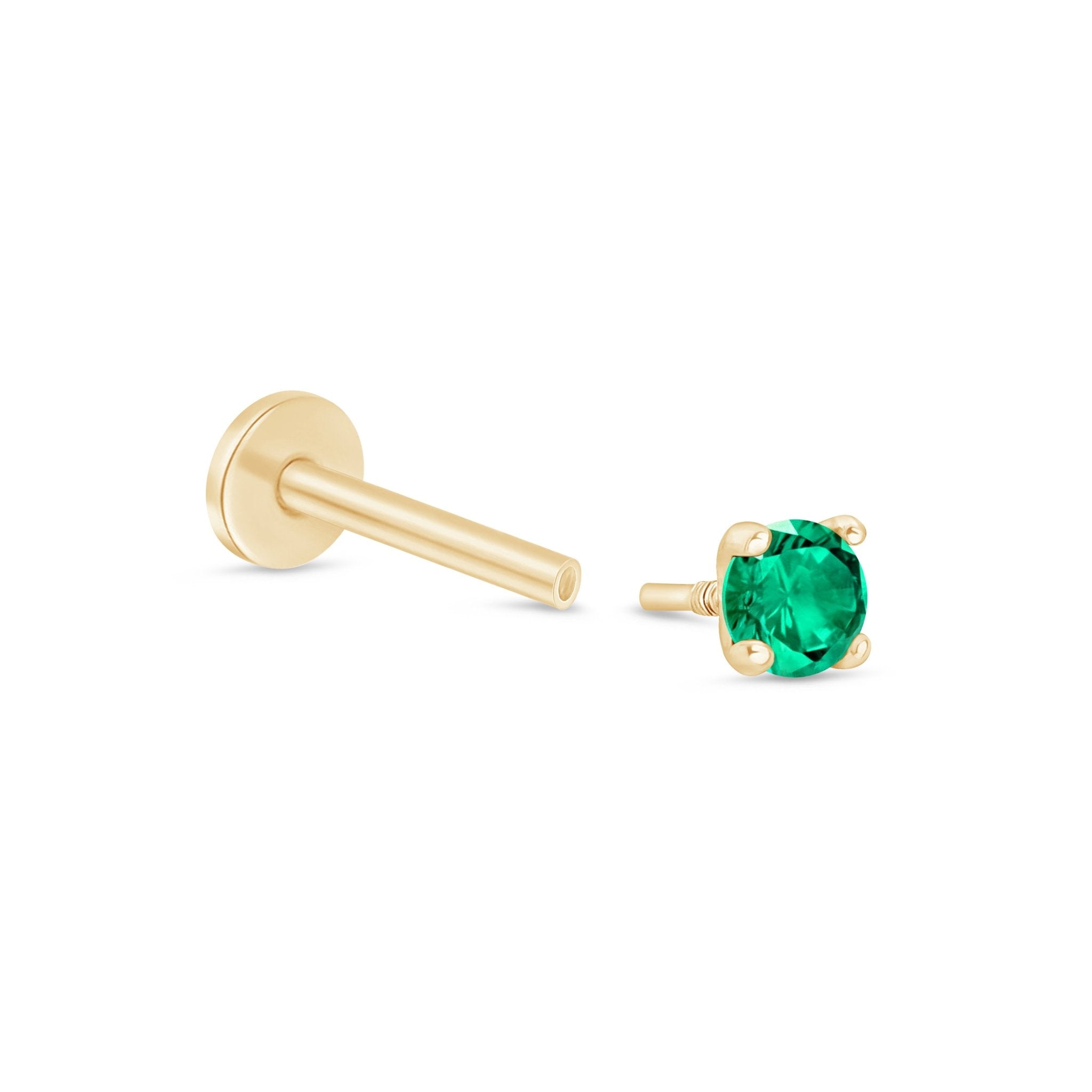 14K Solid Yellow Gold Emerald Cartilage Flat Back Stud Earrings - Perfect for Everyday Wear, Gifts & Special Occasions