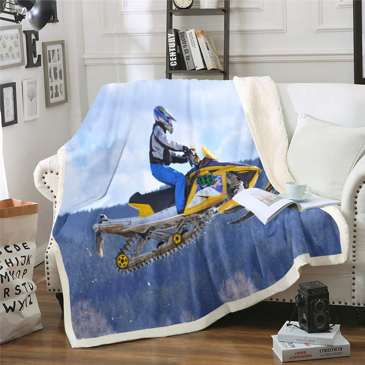 Snowmobile Pattern Sherpa Fleece Blanket for Boys & Teens - 30