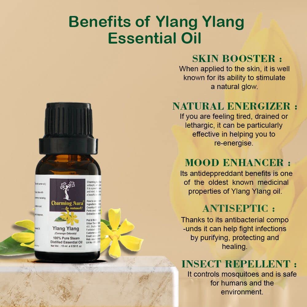 Ylang Ylang Essential Oil 100% Pure & Natural - Therapeutic Grade for Skin Care, Hair Growth, Immunity Boost, Face & Body - Aromatherapy Diffuser, Massage, Relaxation (15ml)