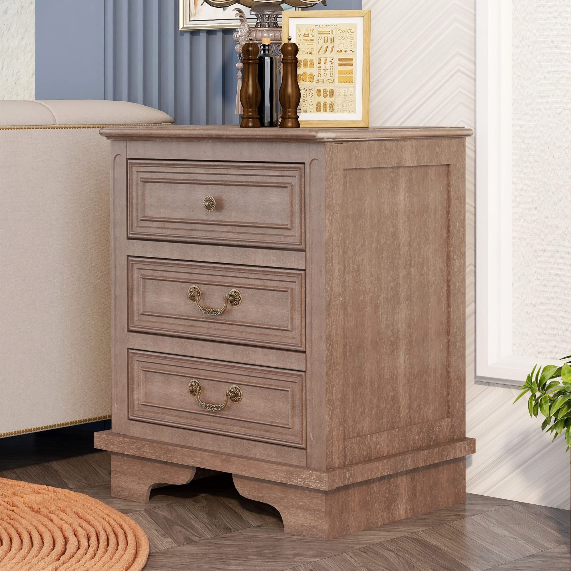 Farmhouse Nightstand with 3 Drawers & USB Charging Ports - Solid Wood End Table, Storage Cabinet for Bedroom, Living Room & Closet - Rustic Brown Night Stand for Charging Devices & Organizing Essentials