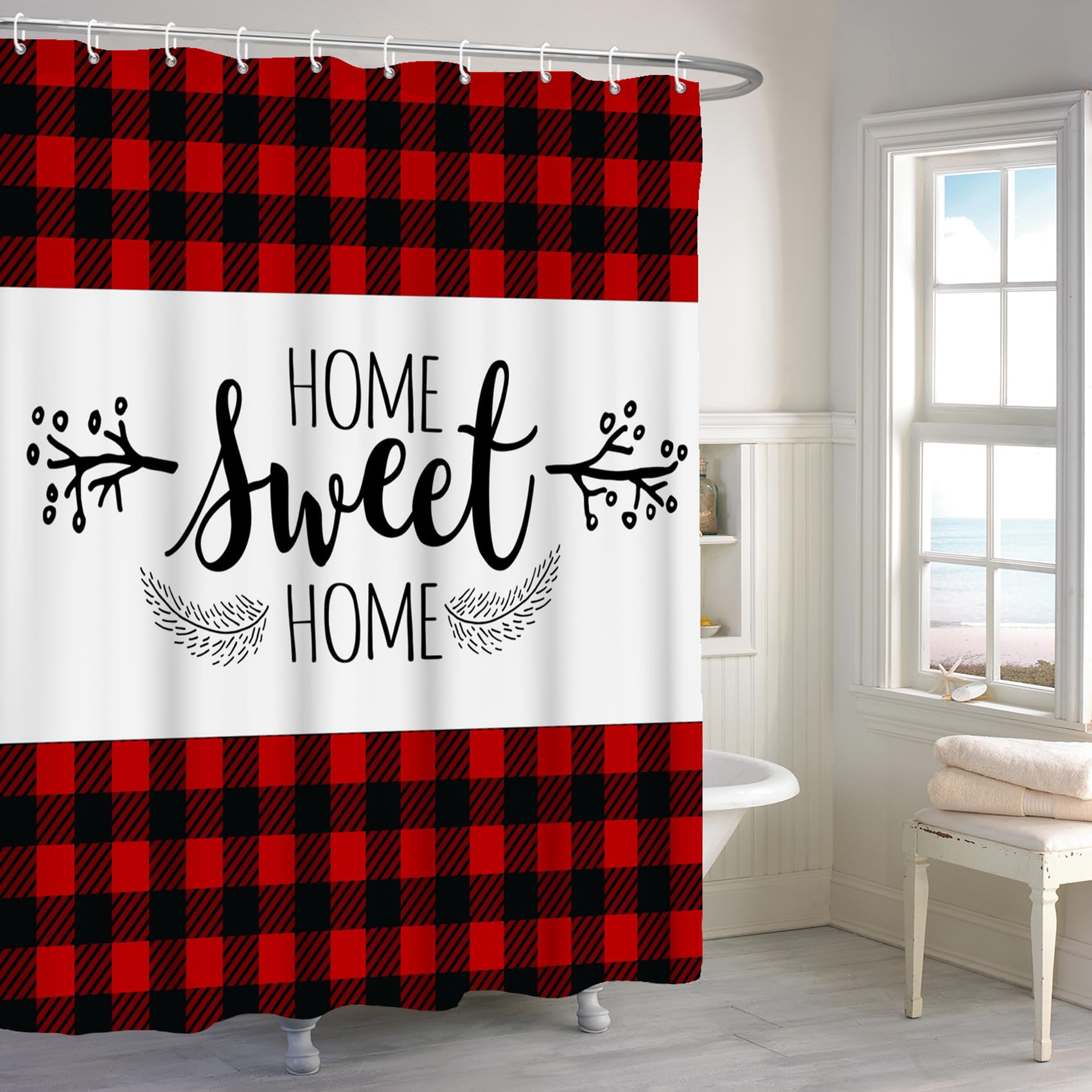 72x72 Inch Buffalo Plaid Shower Curtain - Black Red Checked Farmhouse Bathroom Decor with Rustic Floral Design, Waterproof Polyester Fabric with Hooks - Perfect for Vintage, Country, and Farmhouse Style Bathrooms