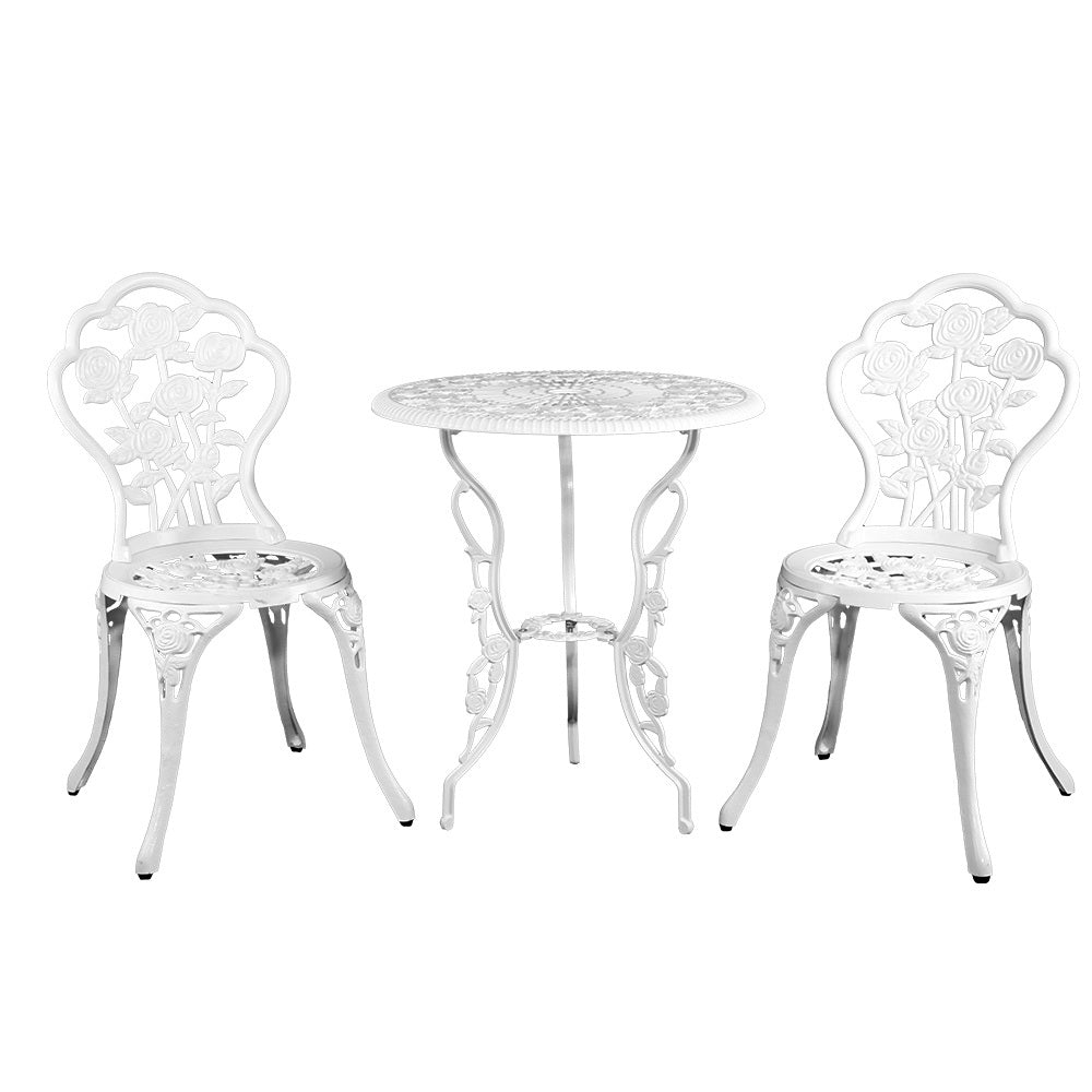 3-Piece Outdoor Bistro Set with Chairs and Table - Durable Cast Aluminum Patio Furniture in Rose White - Perfect for Garden, Balcony, and Backyard Relaxation