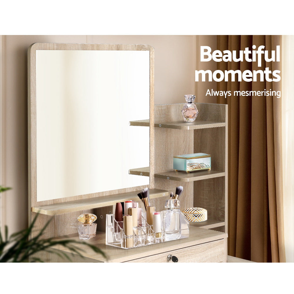 Vanity Makeup Desk Set with Mirror, Stool & Organizer Drawer - Solid Oak Dressing Table for Bedroom & Bathroom