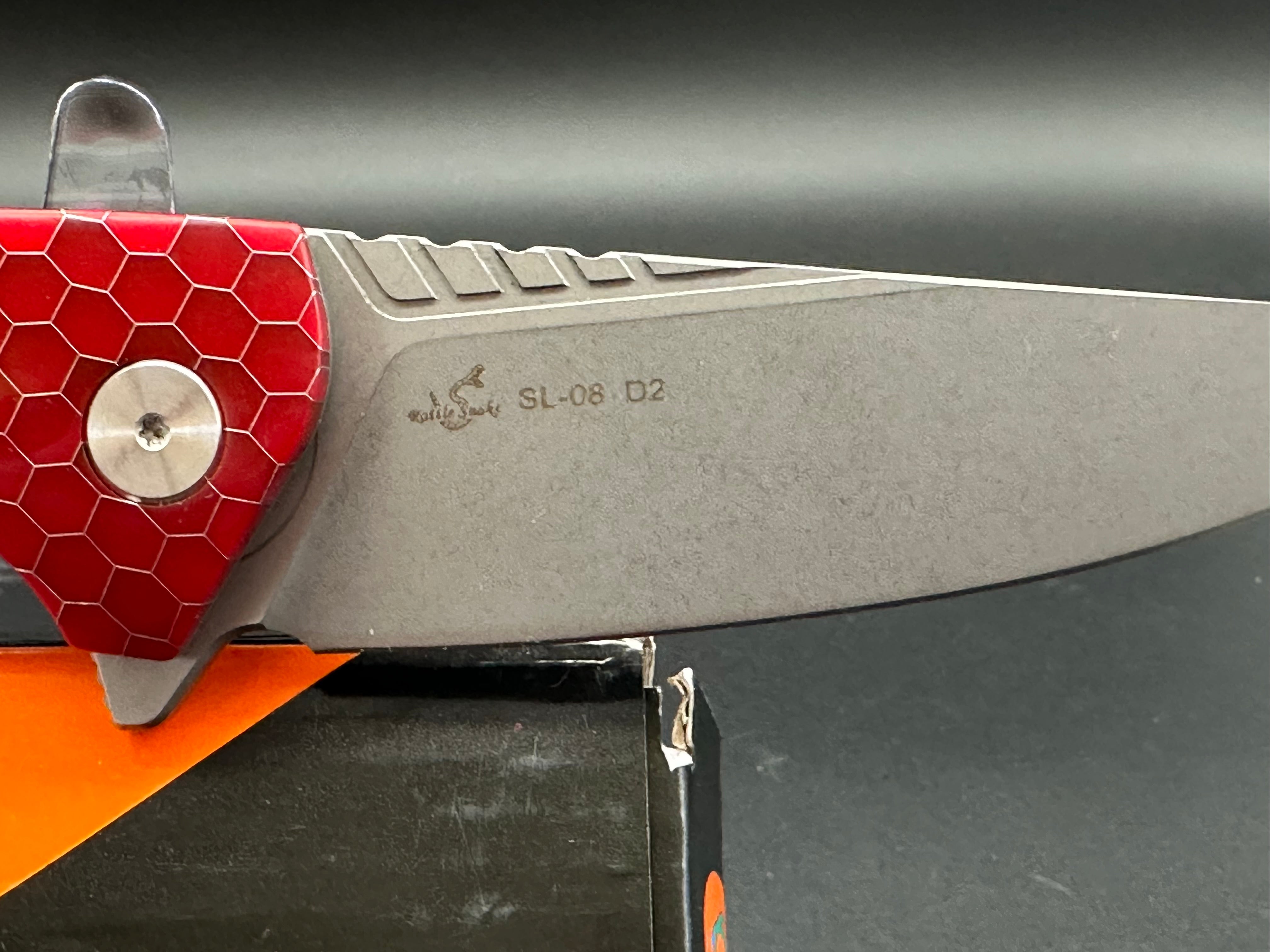 SixLeaf SL-08 Folding Knife with Red Resin Handle - D2 Steel Plain Edge Blade - EDC Pocket Knife for Camping, Hiking & Outdoor Survival