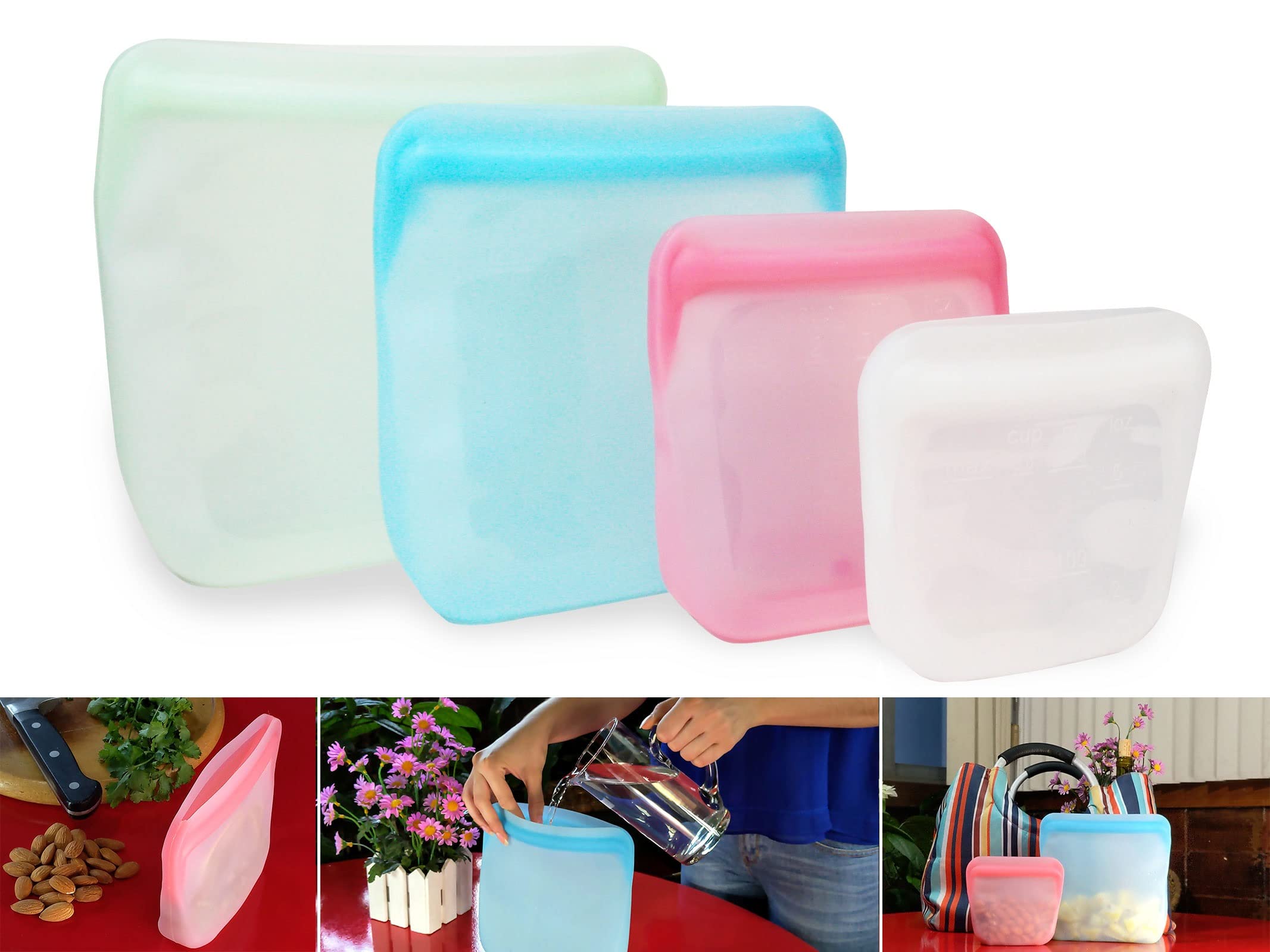 Blinacces Reusable Silicone Storage Bags - 4 Pack Eco-Friendly Food Storage Containers for Cooking, Freezing, Sous Vide & Meal Prep | Leakproof, Dishwasher Safe & BPA-Free | Reduce Plastic Waste for Sustainable Kitchen