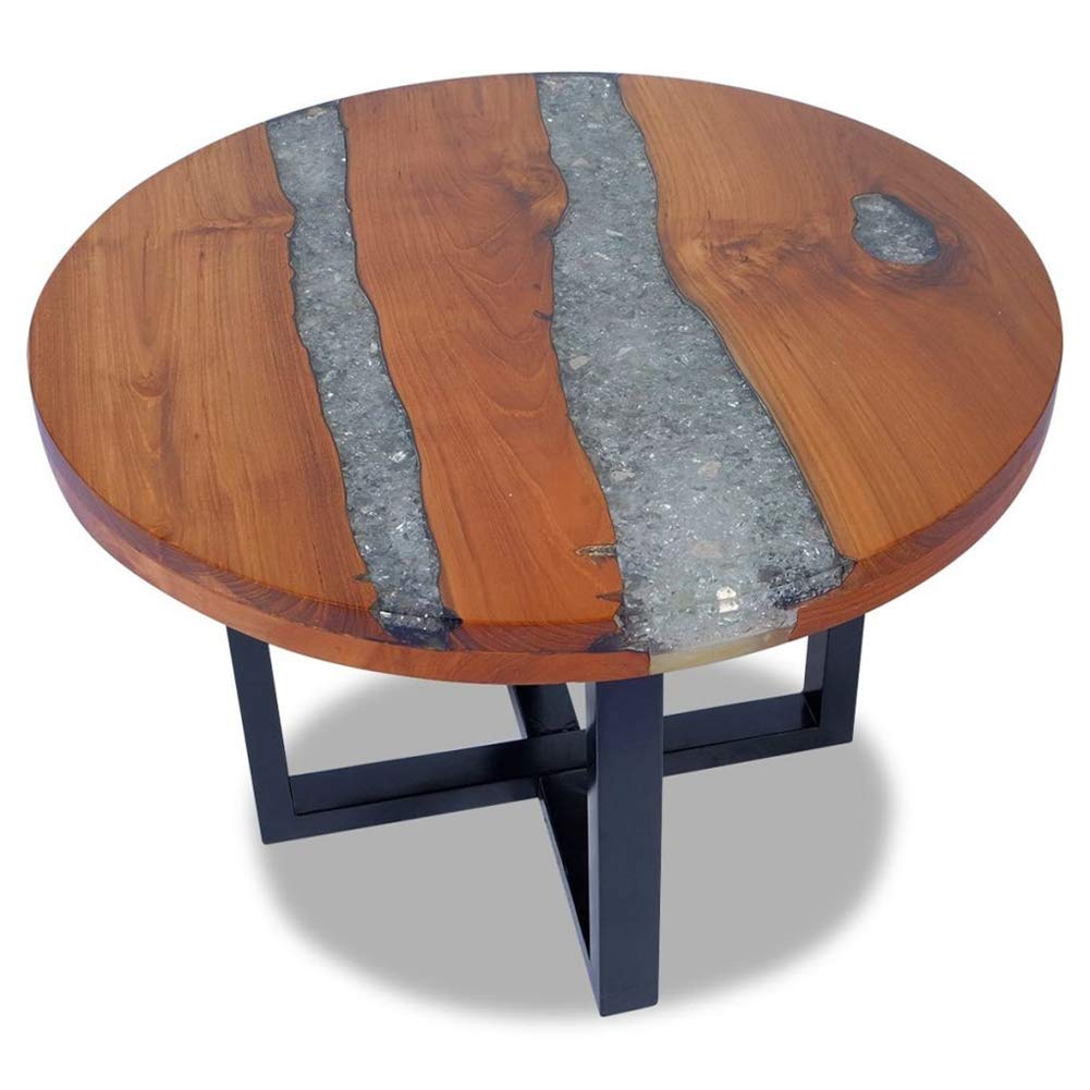 Vintage Round Coffee Table 23.6 Inch - Teak Resin Side Table for Living Room, Easy Assembly - Perfect for Home, Bar & Coffee Shop Decor