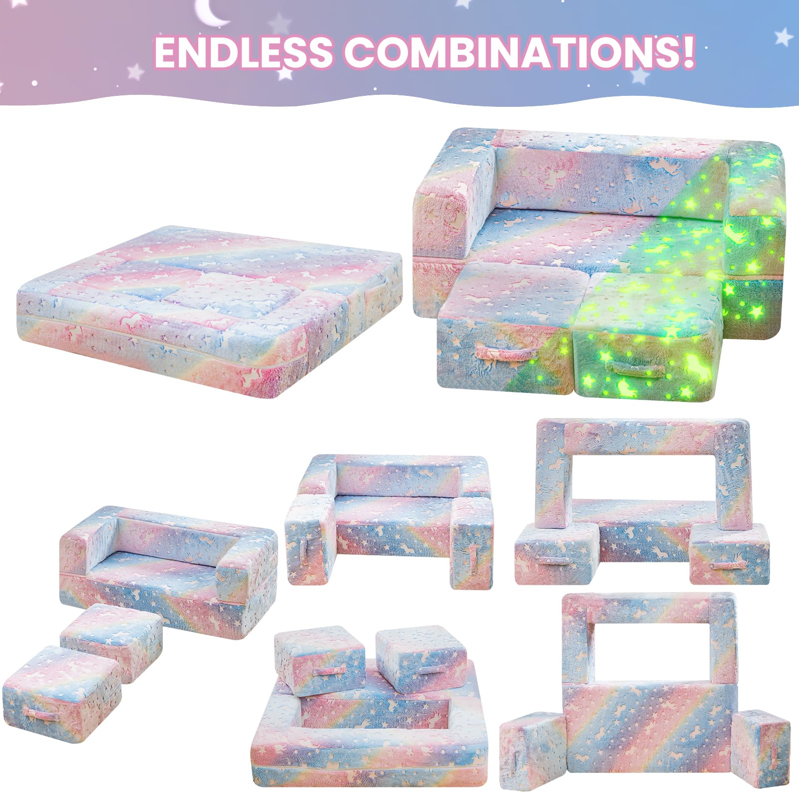 Glow in The Dark Modular Kids Play Couch - Convertible Toddler Sofa with Foldable Foam Cushions for Playroom & Bedroom | Rainbow Unicorn Design | Perfect for Indoor Playtime, Sleepovers & Reading Nooks