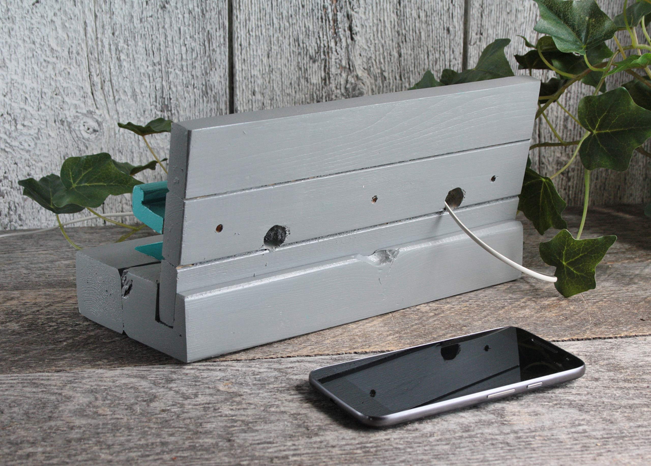Handmade Gray & Turquoise Cell Phone Stand & Charging Station - Holds & Charges 2 Phones - Nightstand Organizer - Perfect Gift for Couples (Mr & Mrs) - Ideal for Bedroom, Office & Travel Accessories