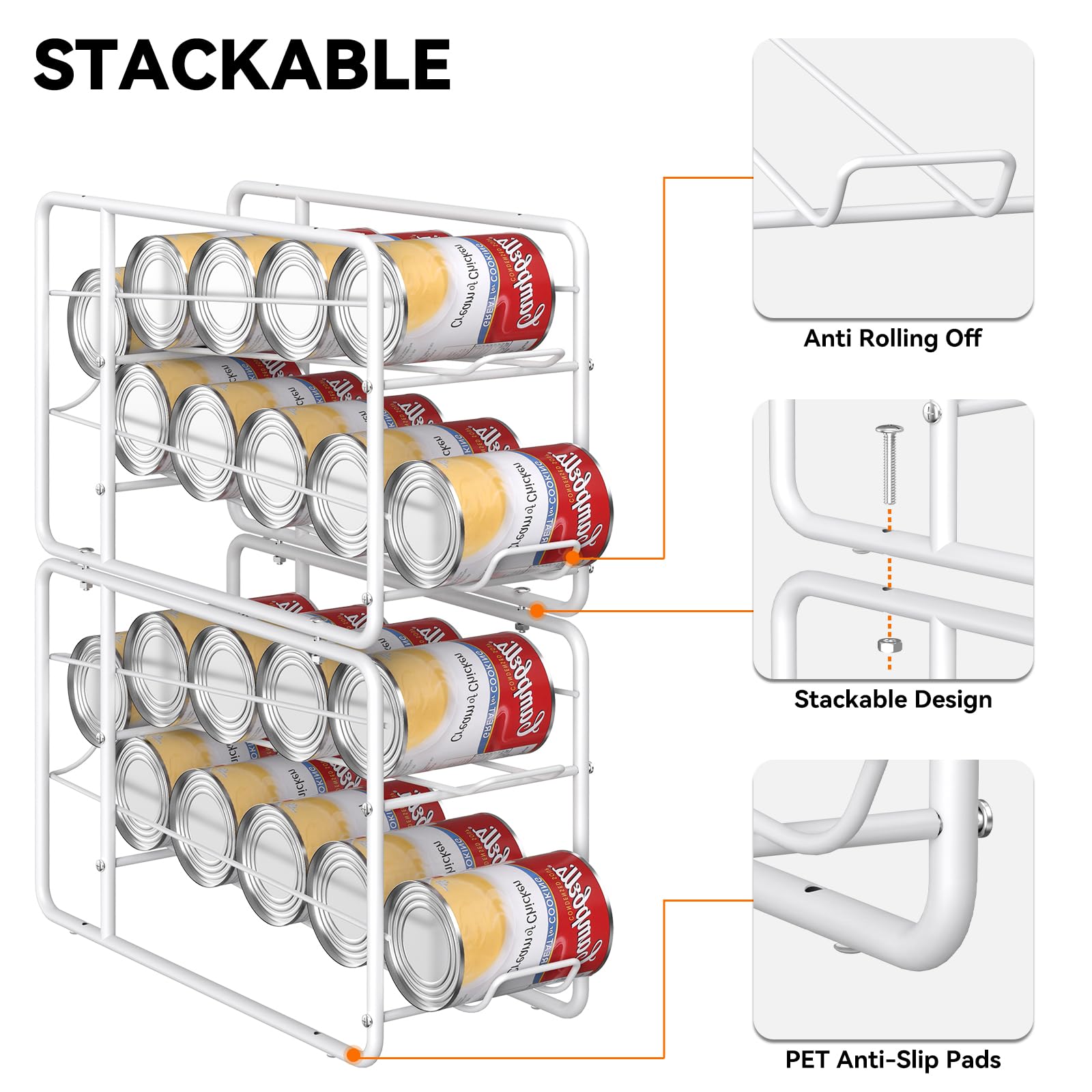 MOOACE 4 Pack Stackable Can Dispenser Rack - Space Saving Can Storage Organizer for Kitchen Cabinet, Pantry & Countertop (White) - Perfect for Organizing Canned Food, Soup, Vegetables & Beverages