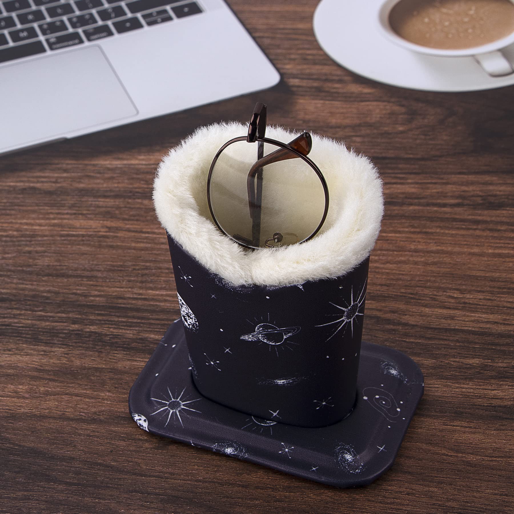 Soft Fluffy Lined Eyeglasses & Sunglasses Holder Stand - Desk Organizer with Protective Case | Perfect for Office, Home, and Travel Use