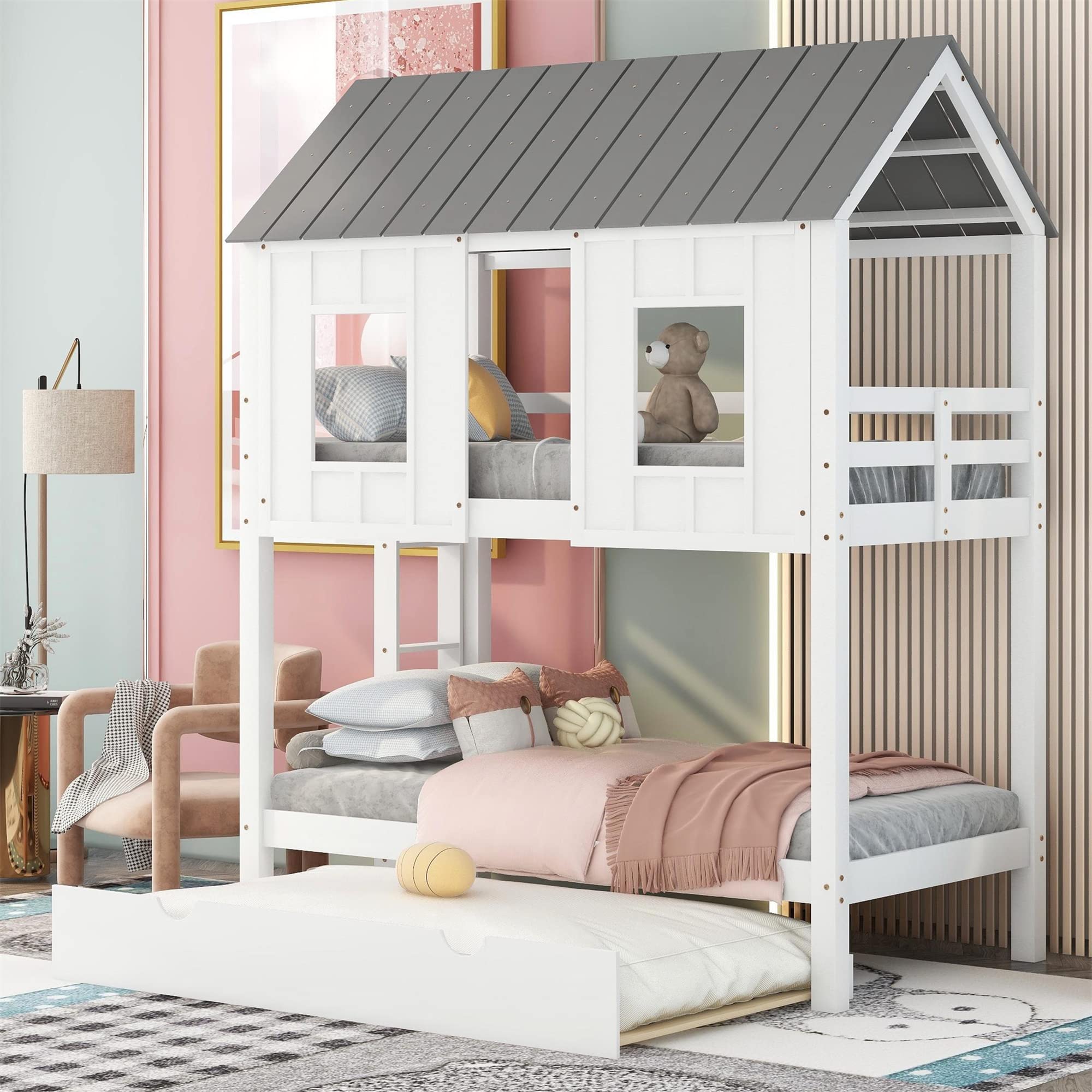 Twin Over Twin Bunk Beds with Trundle - Wooden Kids Bunk Beds with Roof & Windows for Girls & Boys in White | Perfect for Small Bedrooms, Shared Kids Rooms & Sleepovers