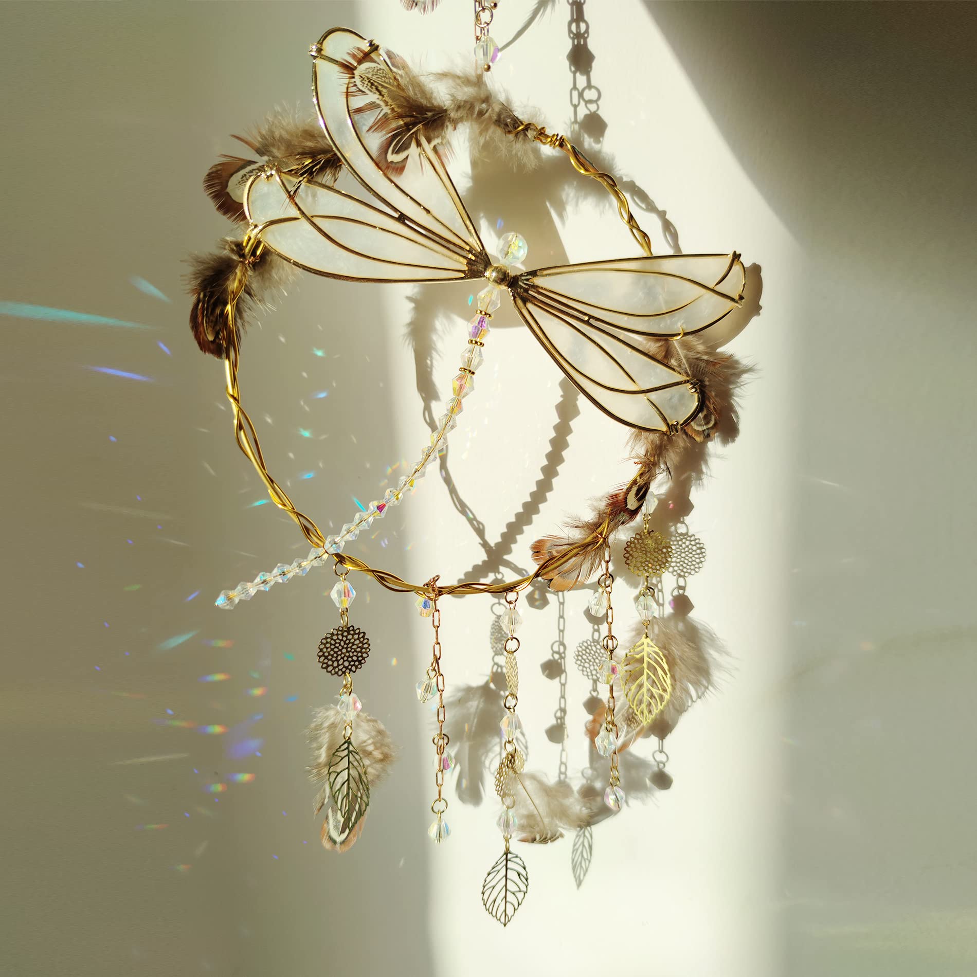 WEISIPU Dragonfly Hanging Ornament - Rainbow Maker Crystal Suncatcher for Home, Garden, Window, Christmas Tree Decor - Feather Wind Chime for Outdoor & Indoor Decoration