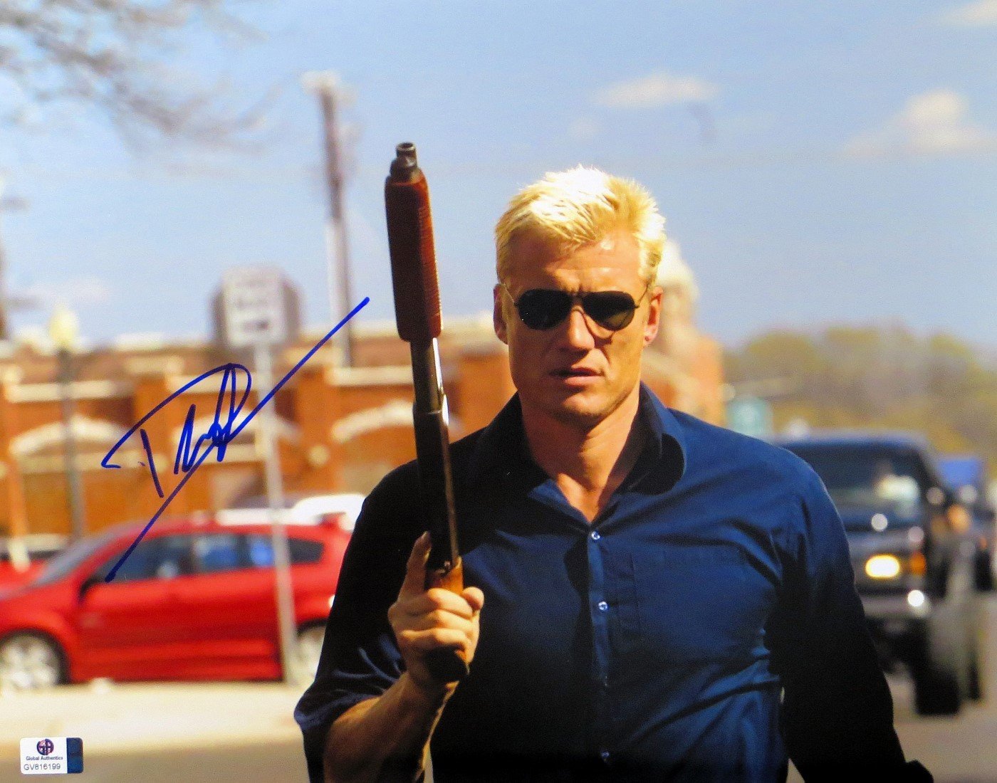 Dolph Lundgren Autographed 11x14 Photo - Signed Memorabilia of Action Star Holding Shotgun - Collectible for Movie Fans & Memorabilia Collectors - Perfect for Home Theater, Man Cave, or Gift for Action Film Lovers