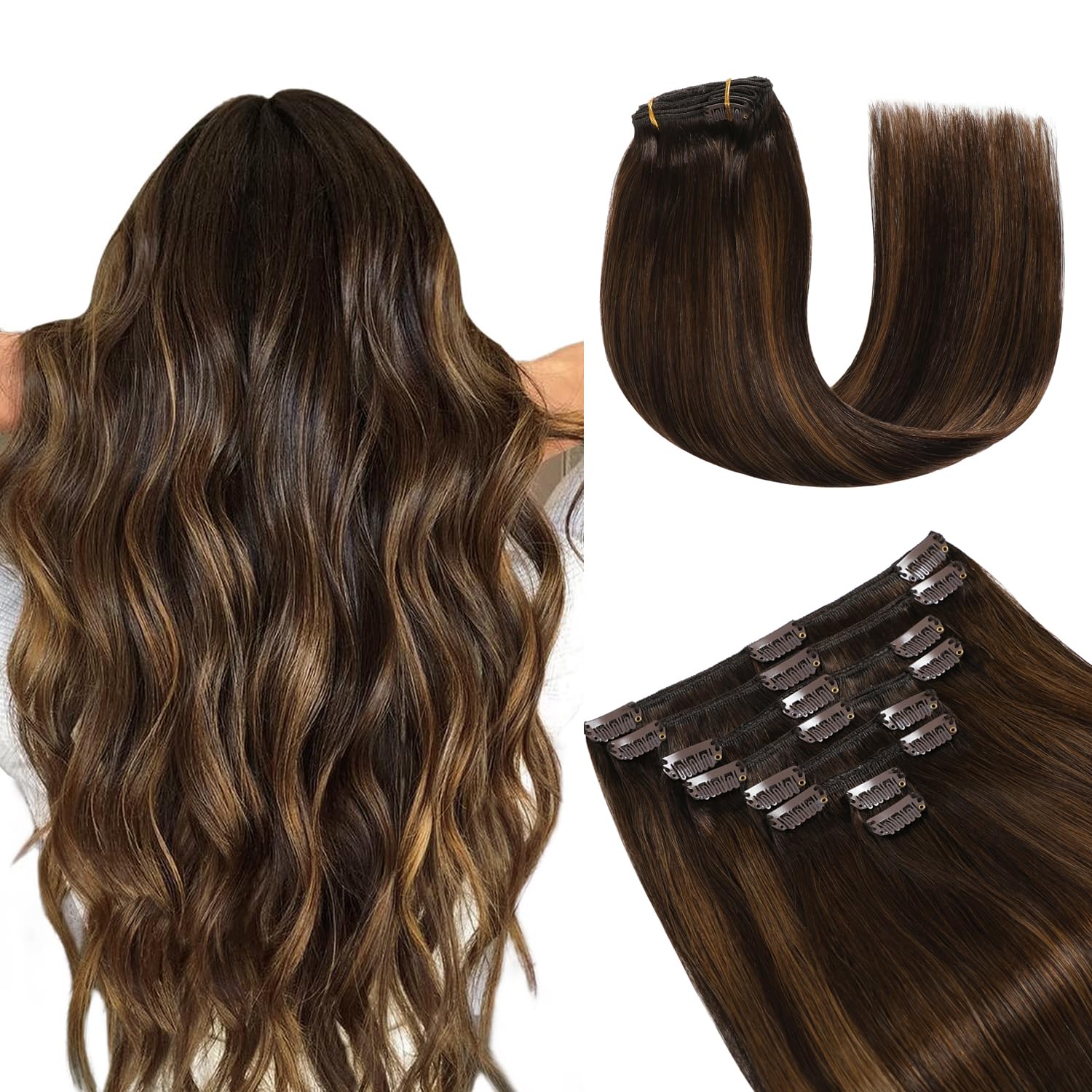 Yilite Clip-in Human Hair Extensions #2/6/2 Balayage Dark Brown to Chestnut Brown - 8Pcs 120g 22inch Remy Hair with 18 Clips for Full Head Coverage | Double Weft Invisible Straight Extensions for Daily Wear, Parties & Special Occasions