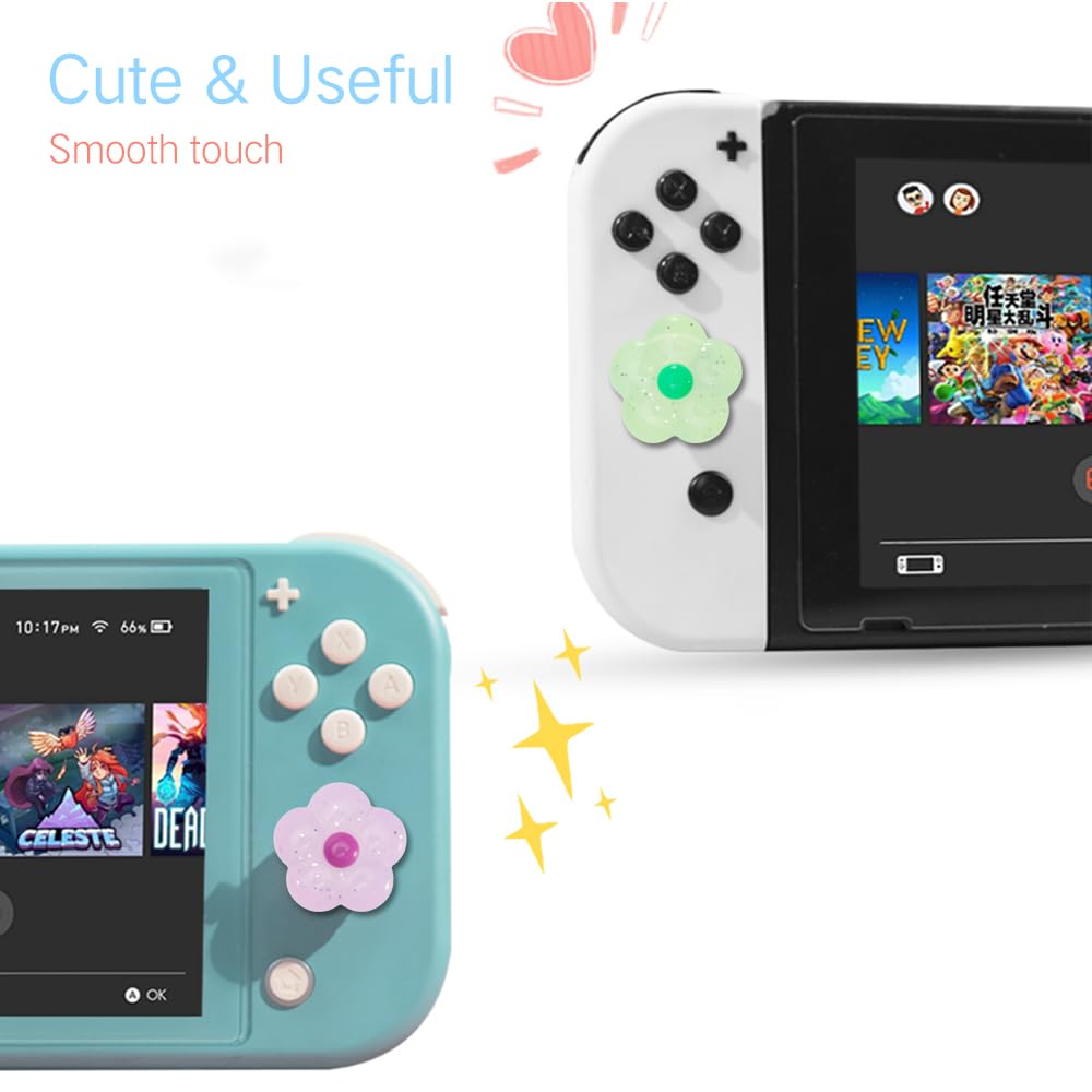 PERFECTSIGHT Cute Glitter Flower Thumb Grip Caps for Nintendo Switch/OLED/Switch Lite - 6PCS Kawaii Joystick Cover for Joy-Con Controllers | Gaming Accessories for Enhanced Comfort & Style | Perfect for Kids & Adults Playing Mario Kart, Animal Crossing & More