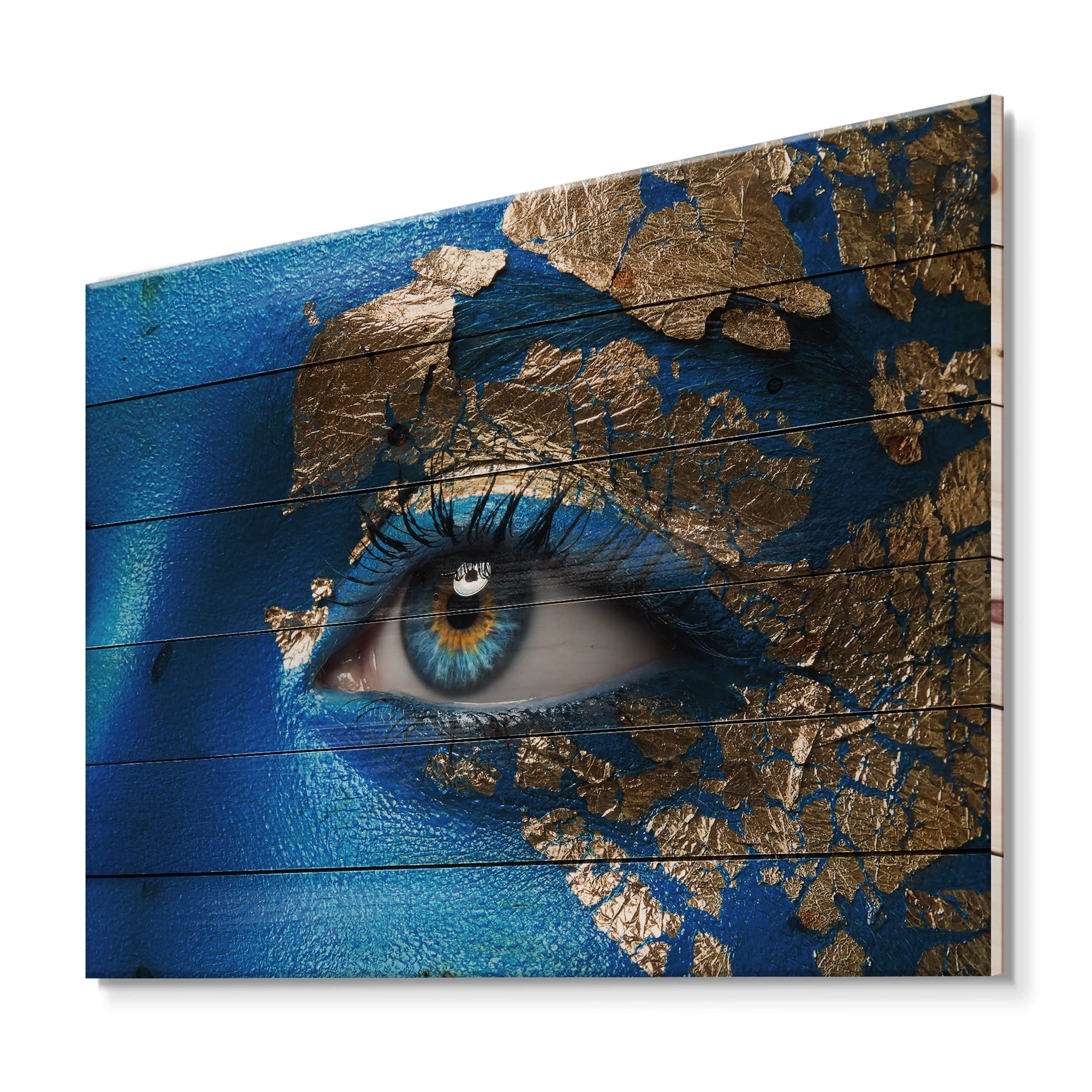 Modern Blue Makeup Girl Portrait Wood Wall Art - Contemporary Large Pine Wood Panel Decor for Living Room, Bedroom & Office