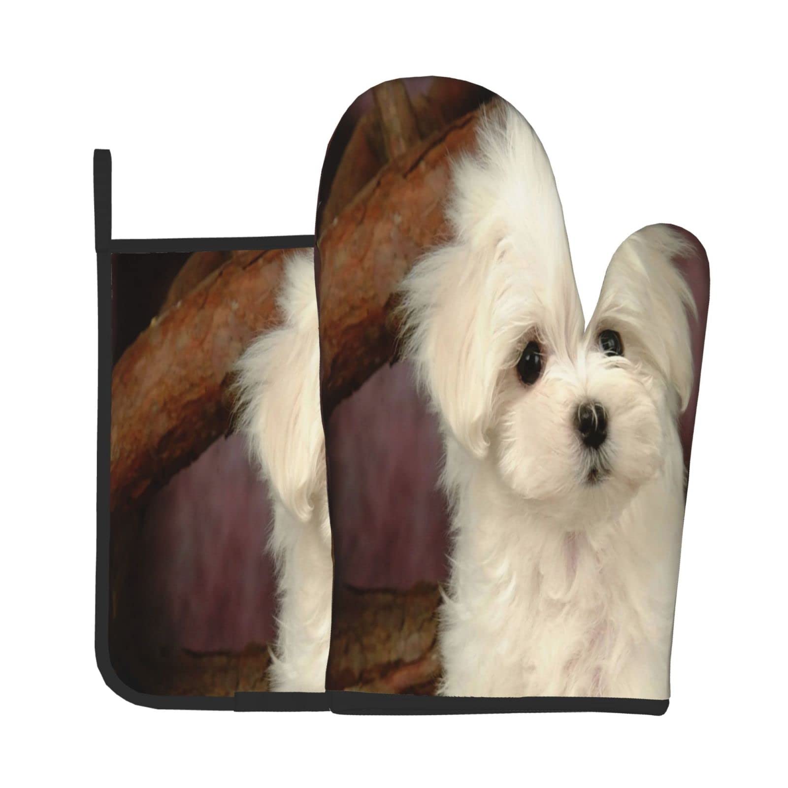 Heat Resistant BBQ Oven Mitt and Potholder Set for Maltese Puppy Lovers - Perfect for Grilling, Baking, and Kitchen Safety