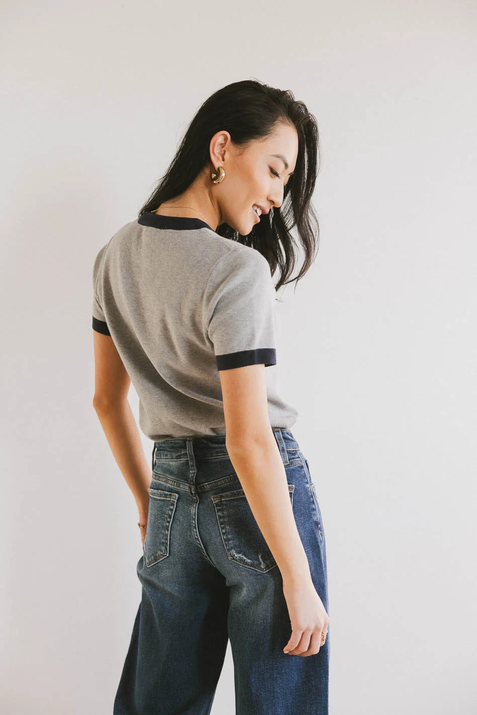 Women's Maddie Ringer Sweater Top in Grey - Soft Casual Pullover for Fall & Winter | Perfect for Office, Date Night & Weekend Outfits