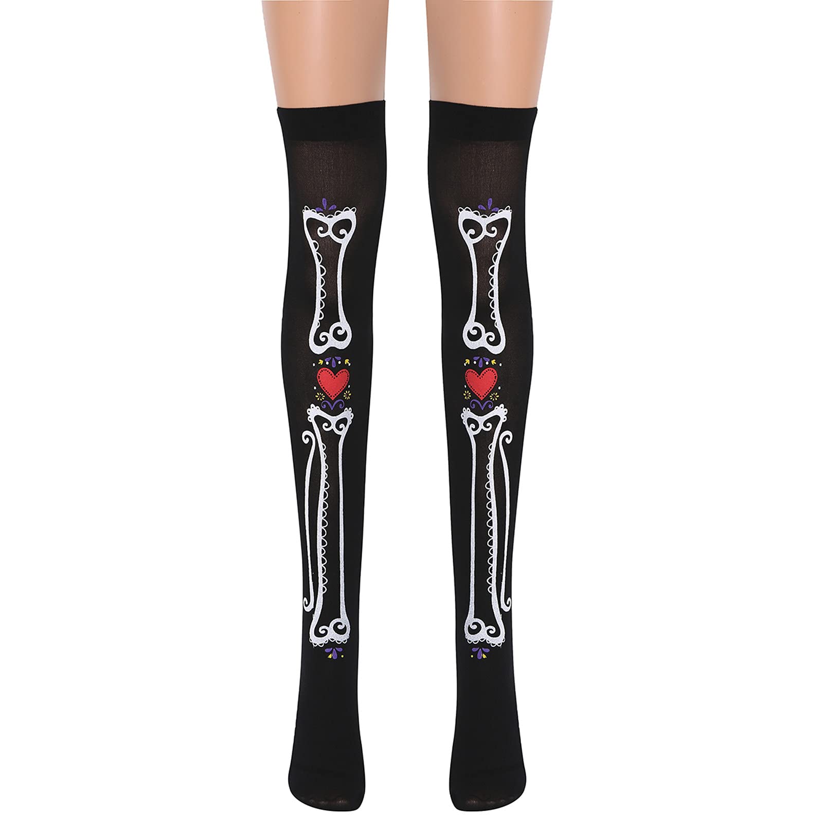 Spooky Halloween Skull Printed Over-The-Knee Socks for Women & Girls - Horror Theme Party Costume Accessories - Perfect for Haunted Houses, Cosplay & Halloween Events