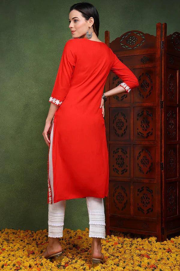 Stylish Red Rayon Blend Chikankari Embroidered Straight Kurta for Women | Comfortable & Elegant Indian Ethnic Wear | Perfect for Festivals, Weddings & Casual Outings