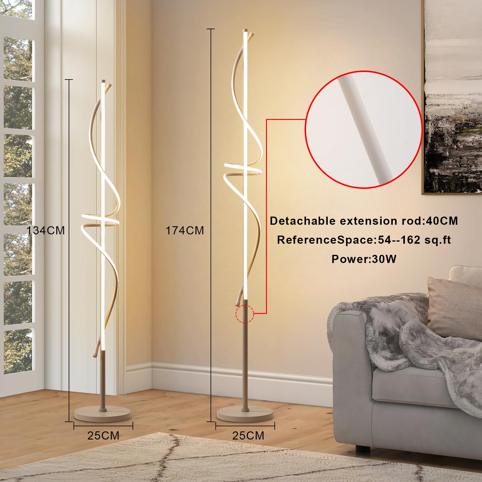 POWROL Modern LED Floor Lamp with Remote & Foot Switch - 3000K-6000K Dimmable Spiral Floor Light for Living Room, Bedroom & Office - Adjustable Brightness for Reading, Working & Relaxing