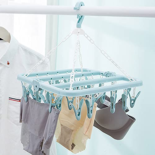 Foldable Plastic Clothes Drying Rack with 32 Clips - Windproof Laundry Hanger for Socks, Bras & Underwear | Space-Saving Drip Dry Solution for Apartments, Dorms & Travel