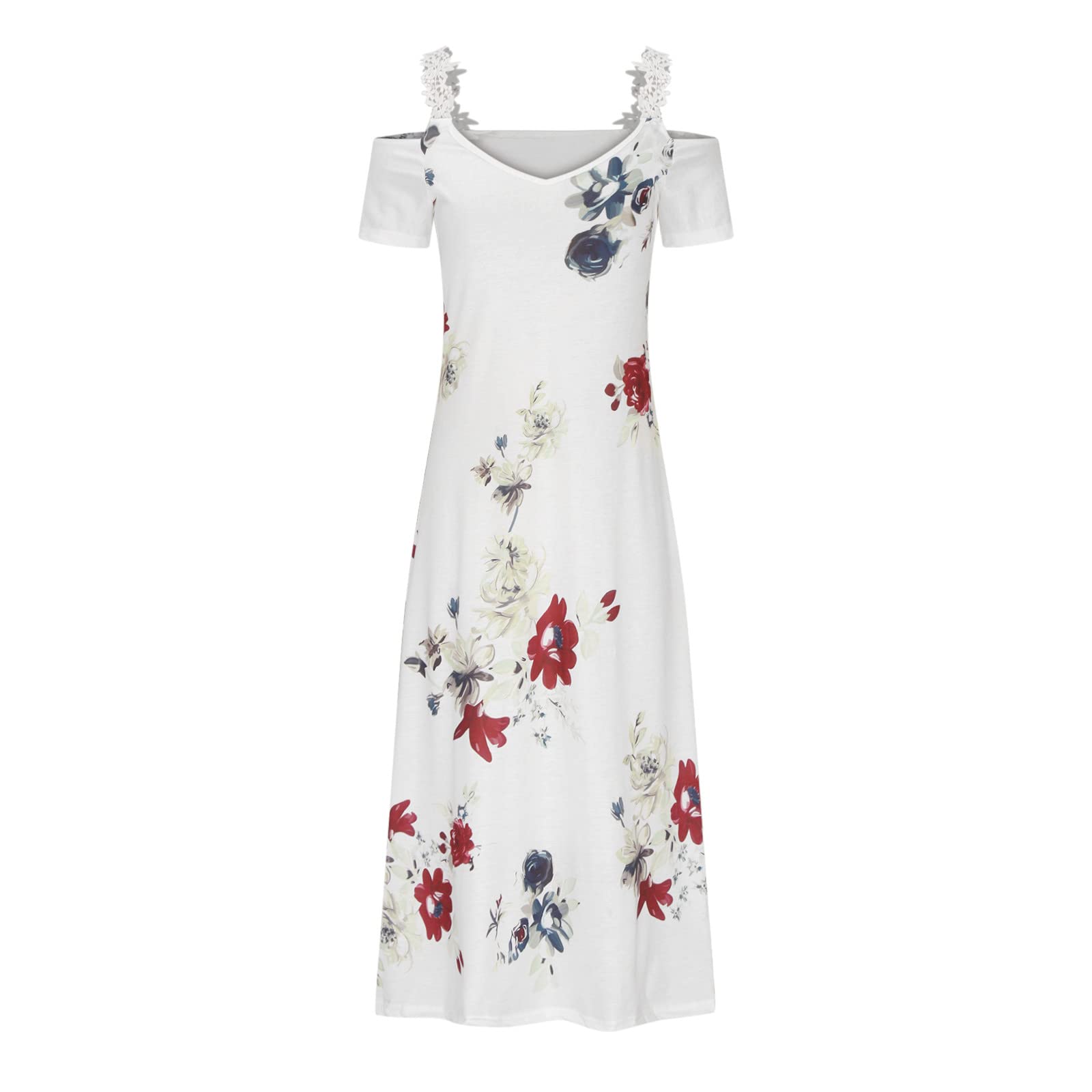 Women's Floral Maxi Dress - Sexy V-Neck Lace Strap Cold Shoulder Sundress for Beach Vacation & Summer Outings