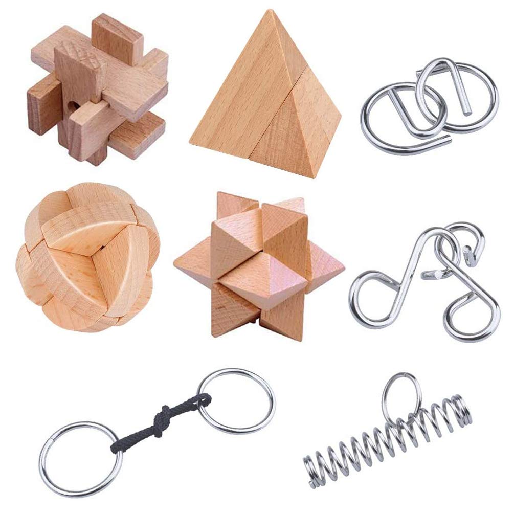 Premium Wooden and Metal Brain Teaser Puzzles Set of 8 - IQ Challenge Mind Games for Kids & Adults - Party Favors, Gift Box Included - Perfect for Family Game Nights, Office Breaks, and STEM Learning Activities