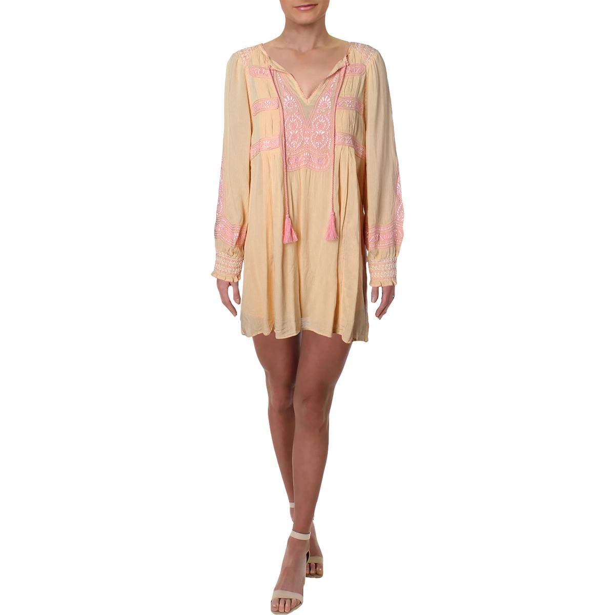 Free People Women's Wind Willow Embroidered Boho Mini Dress - Beige Size S | Flowy Summer Dress for Beach, Music Festivals & Boho Chic Outfits